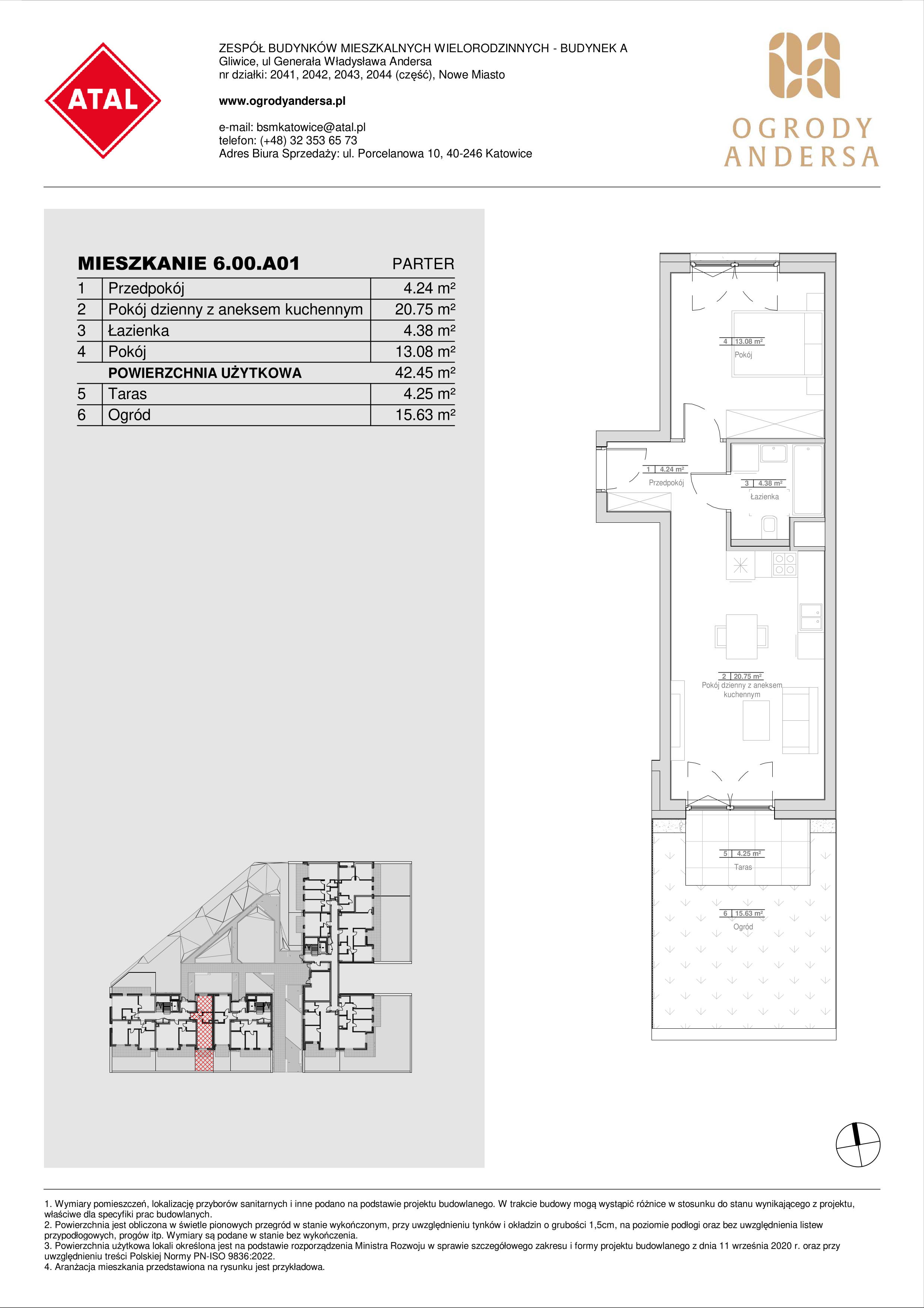 Mieszkanie 42,45 m², parter, oferta nr 6.00.A01, Ogrody Andersa II, Gliwice, Wojska Polskiego, ul. Generała Władysława Andersa-idx