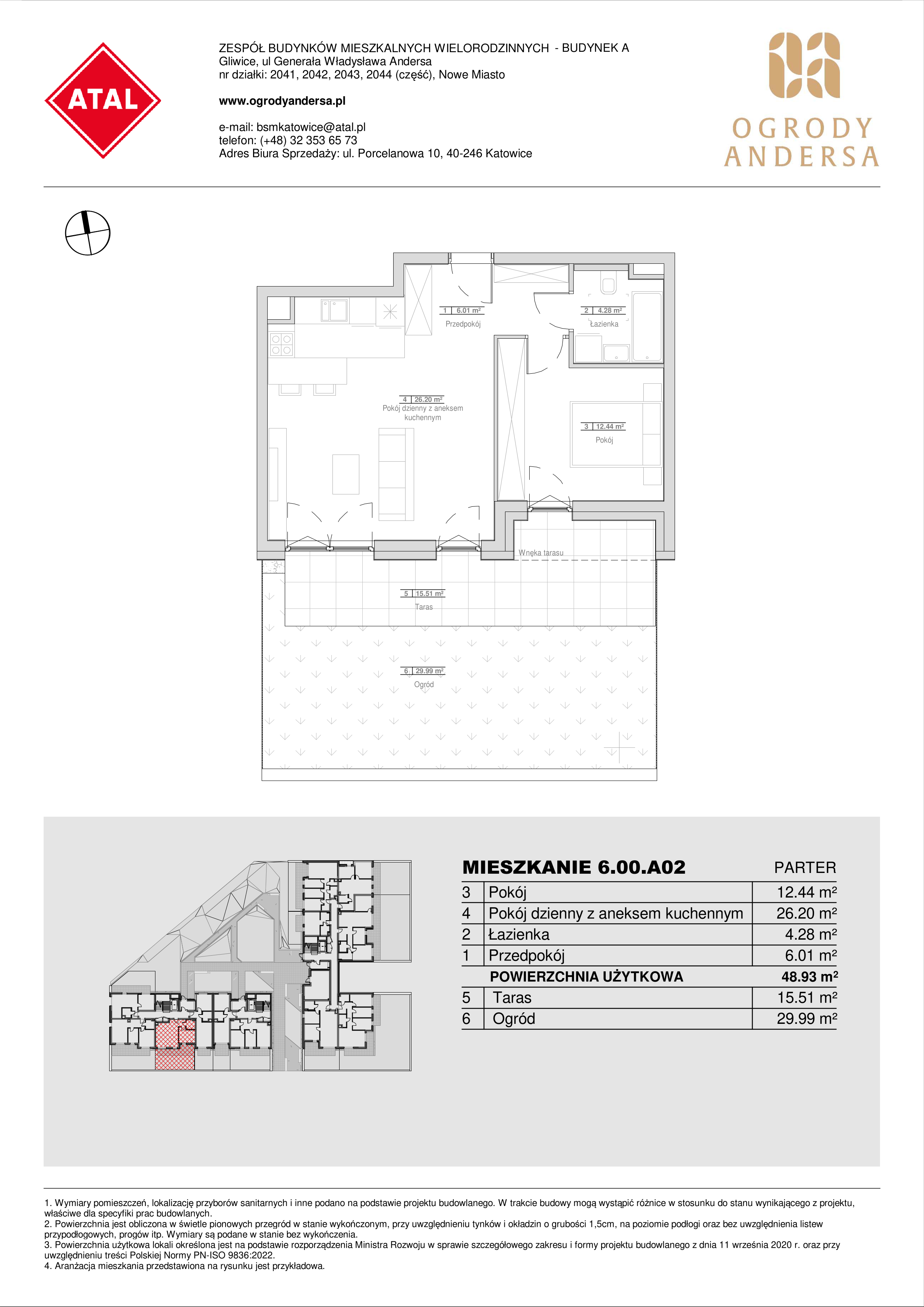 Mieszkanie 48,93 m², parter, oferta nr 6.00.A02, Ogrody Andersa II, Gliwice, Wojska Polskiego, ul. Generała Władysława Andersa-idx