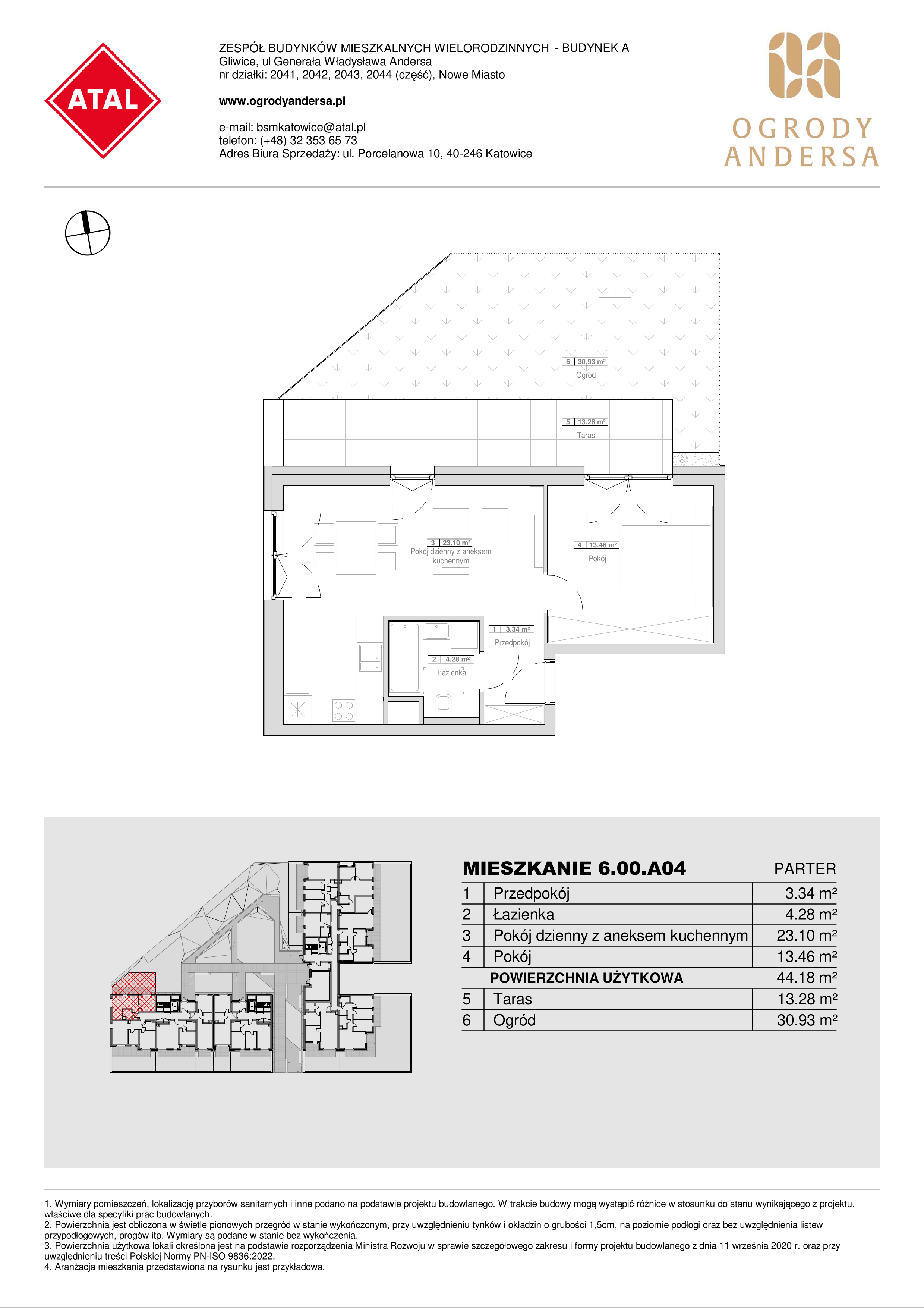 Mieszkanie 44,18 m², parter, oferta nr 6.00.A04, Ogrody Andersa II, Gliwice, Wojska Polskiego, ul. Generała Władysława Andersa-idx