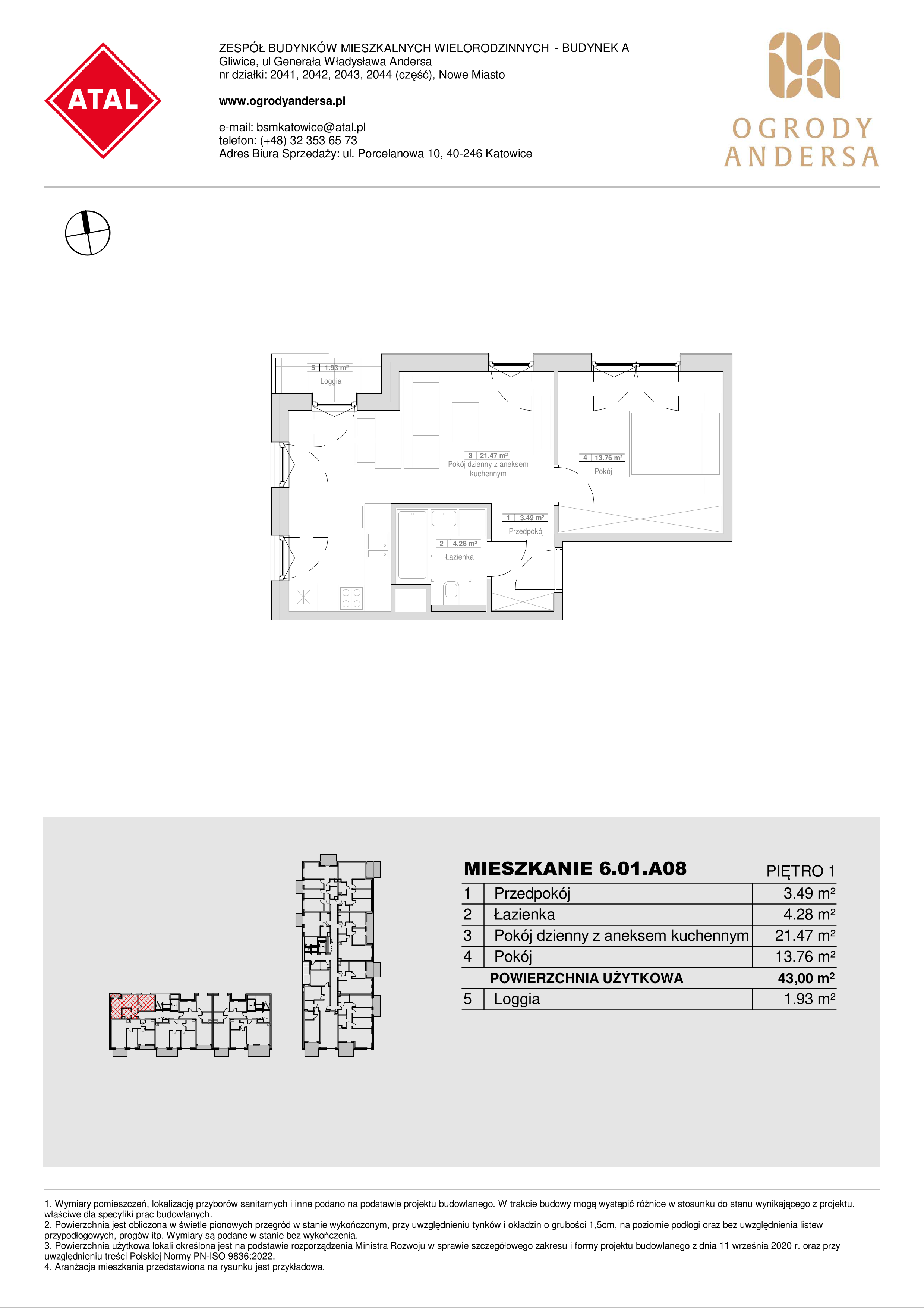 Mieszkanie 43,00 m², piętro 1, oferta nr 6.01.A08, Ogrody Andersa II, Gliwice, Wojska Polskiego, ul. Generała Władysława Andersa-idx