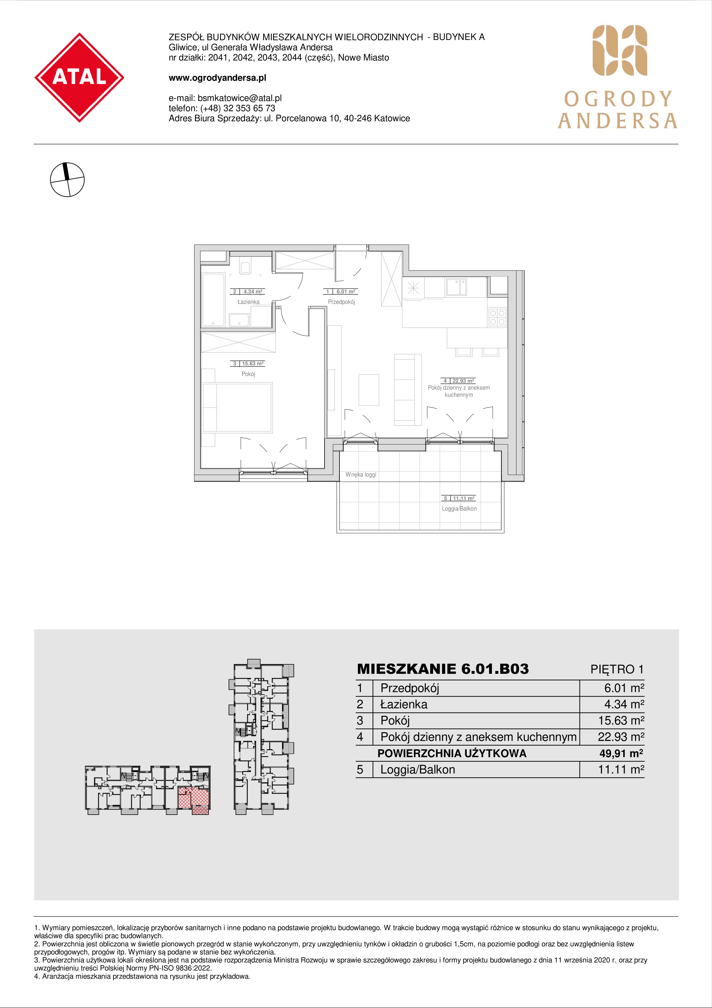 Mieszkanie 49,91 m², piętro 1, oferta nr 6.01.B03, Ogrody Andersa II, Gliwice, Wojska Polskiego, ul. Generała Władysława Andersa-idx