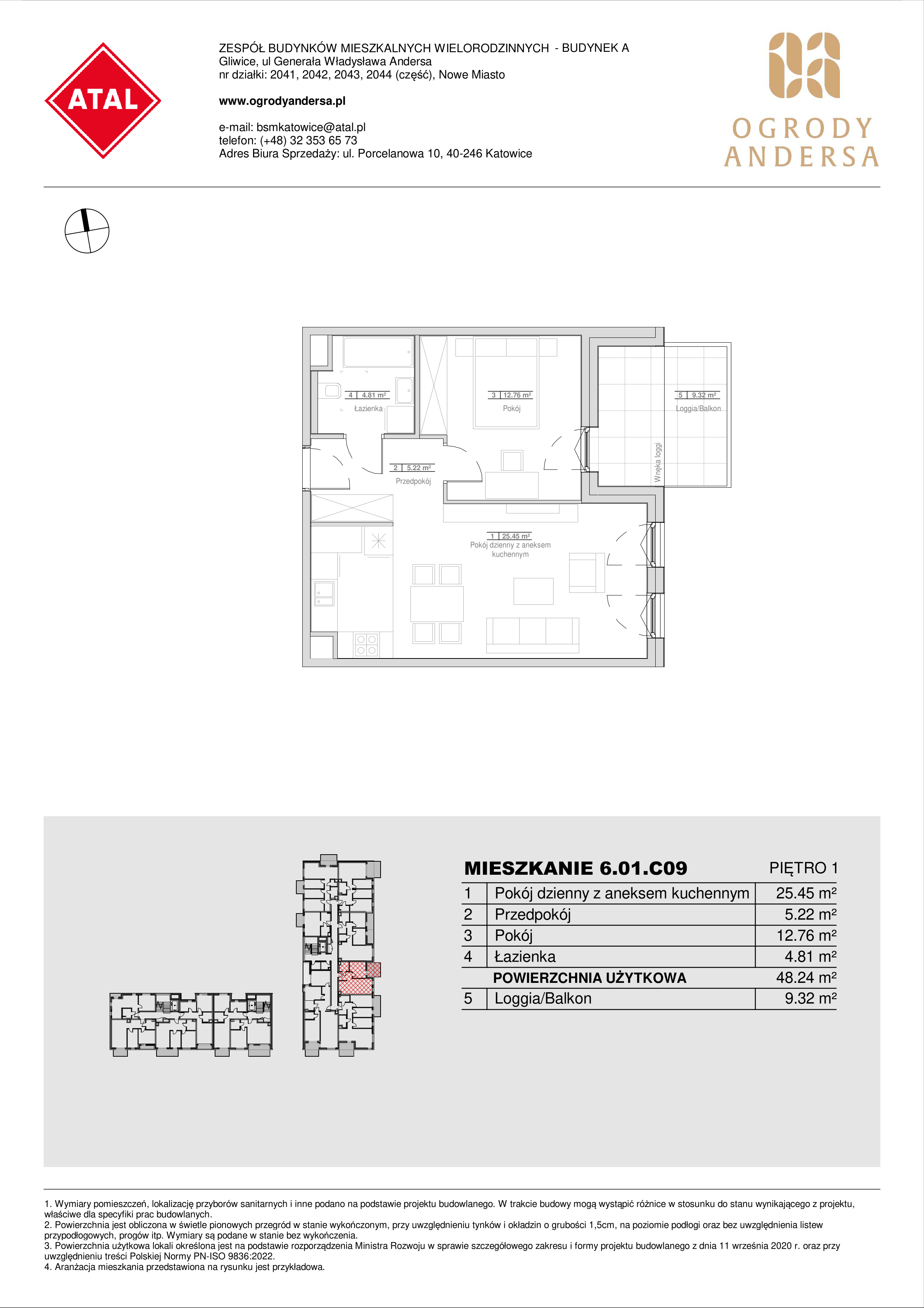 Mieszkanie 48,24 m², piętro 1, oferta nr 6.01.C09, Ogrody Andersa II, Gliwice, Wojska Polskiego, ul. Generała Władysława Andersa-idx