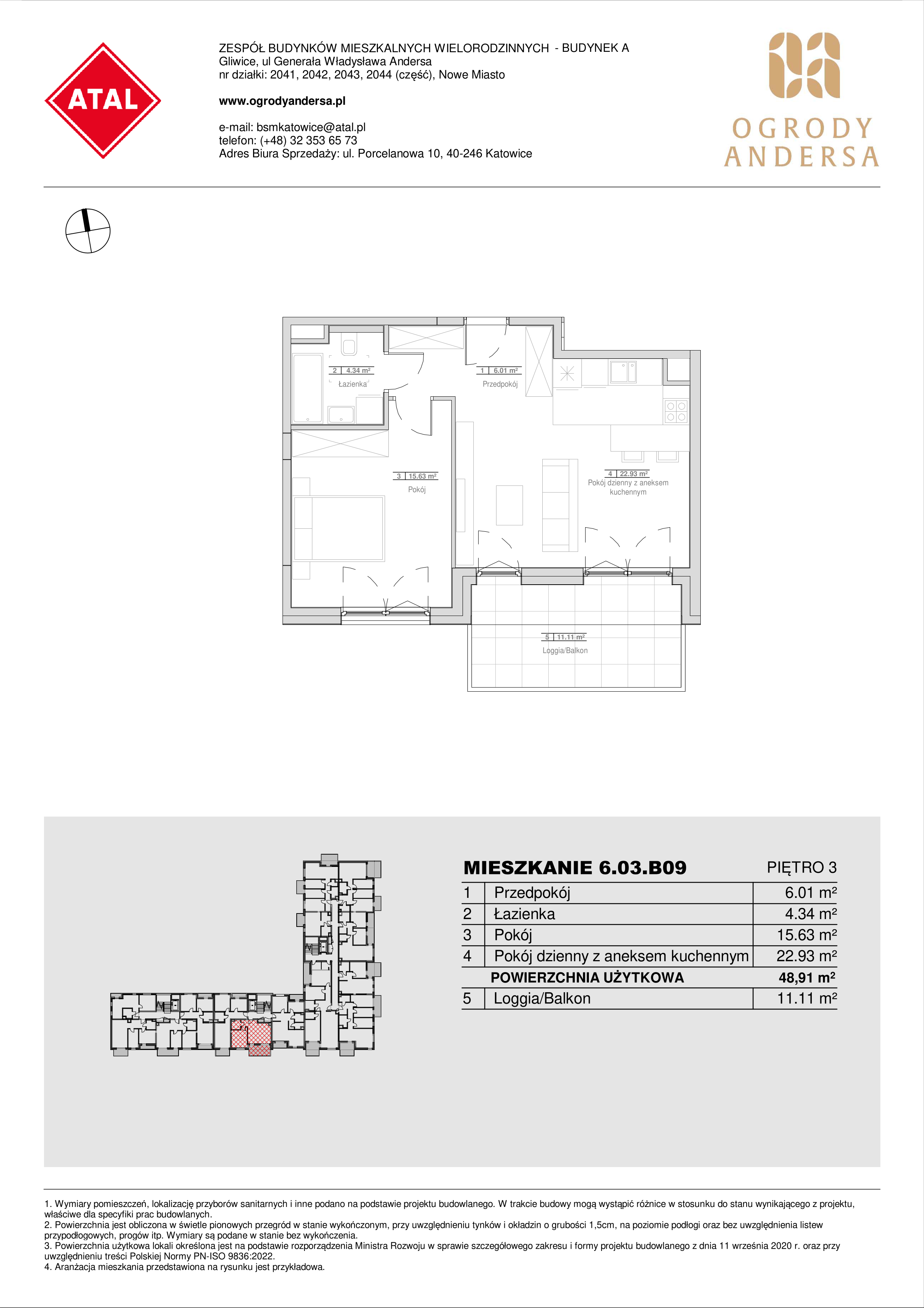 Mieszkanie 48,91 m², piętro 3, oferta nr 6.03.B09, Ogrody Andersa II, Gliwice, Wojska Polskiego, ul. Generała Władysława Andersa-idx