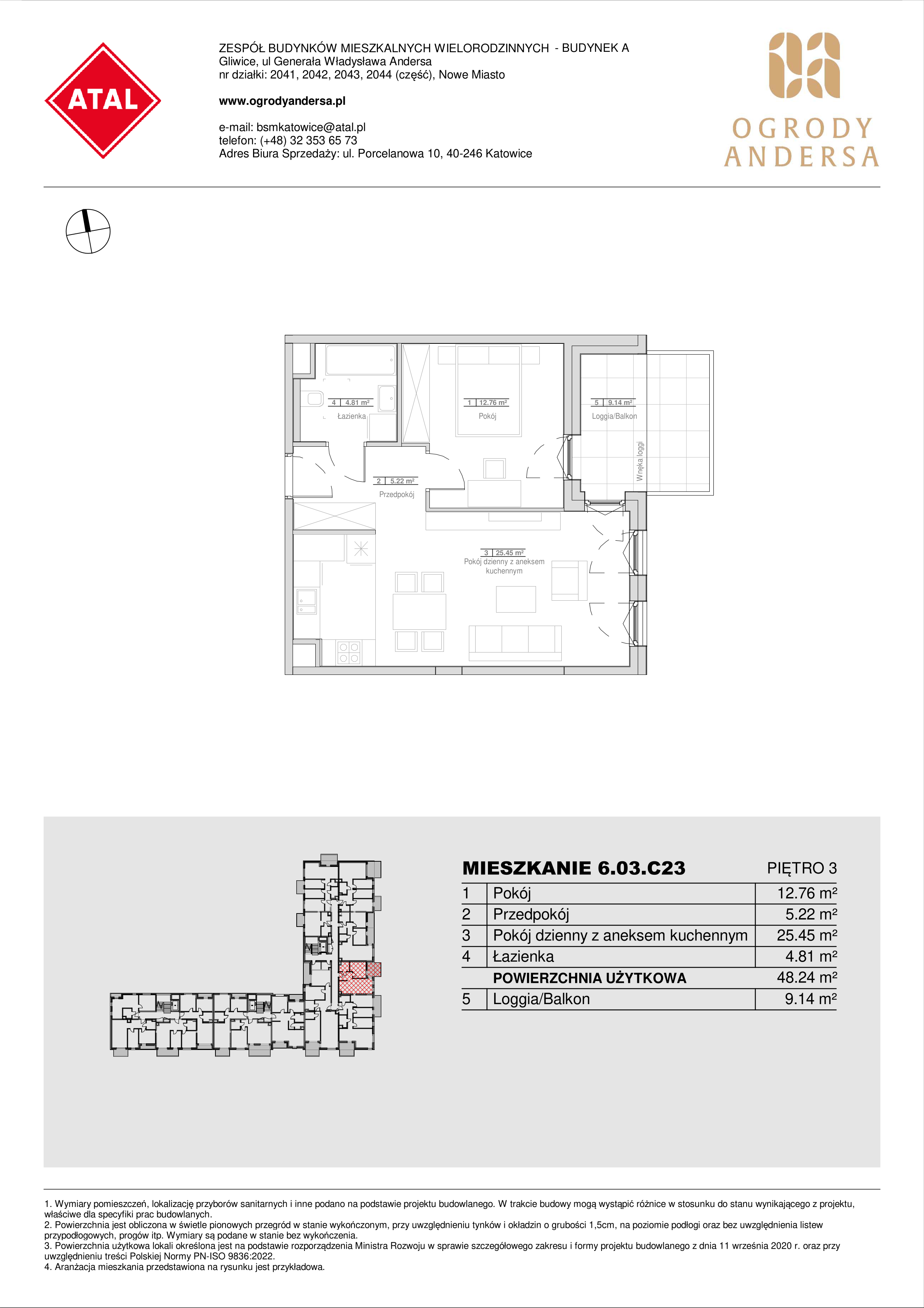 Mieszkanie 48,24 m², piętro 3, oferta nr 6.03.C23, Ogrody Andersa II, Gliwice, Wojska Polskiego, ul. Generała Władysława Andersa-idx