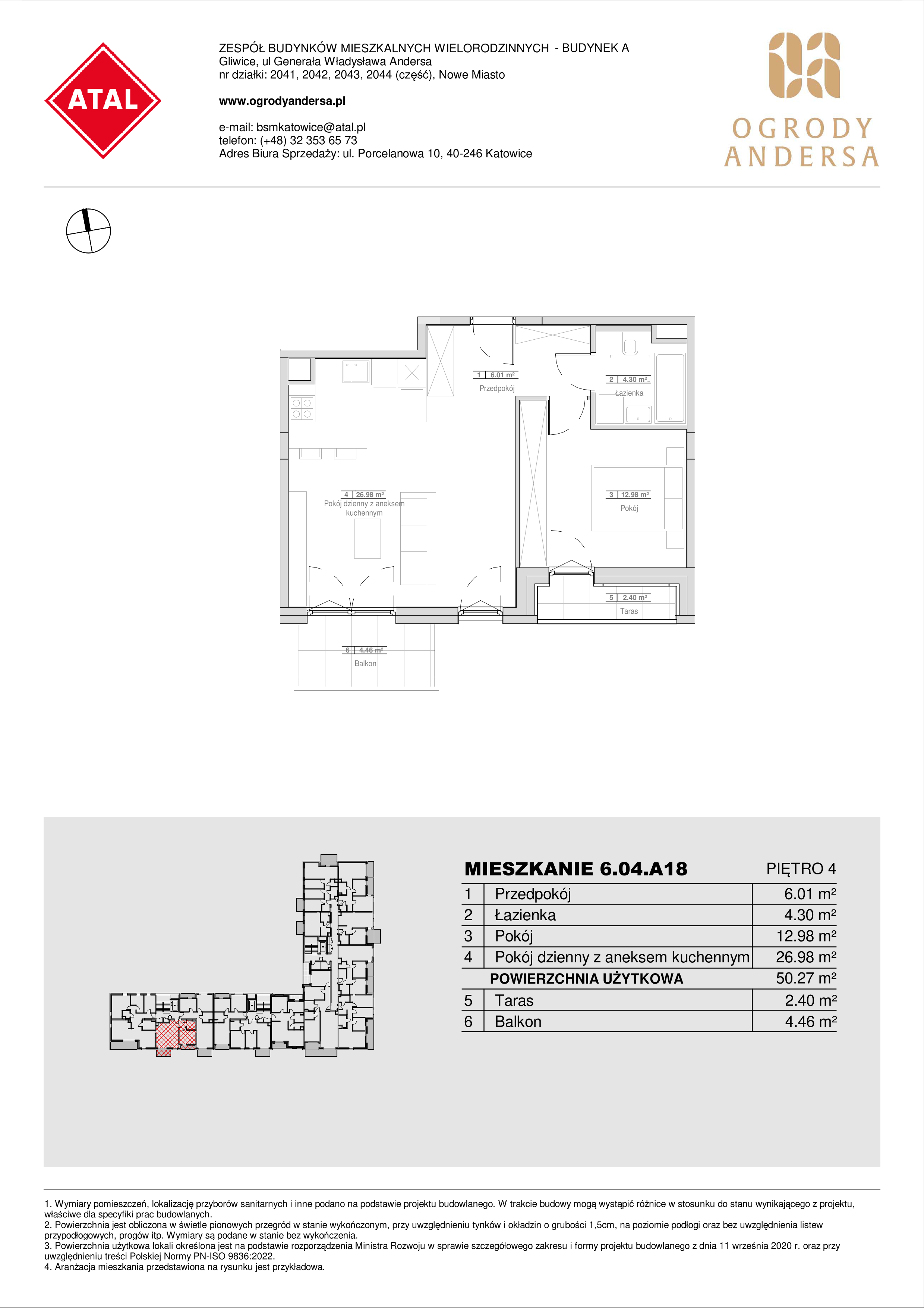 Mieszkanie 50,27 m², piętro 4, oferta nr 6.04.A18, Ogrody Andersa II, Gliwice, Wojska Polskiego, ul. Generała Władysława Andersa-idx