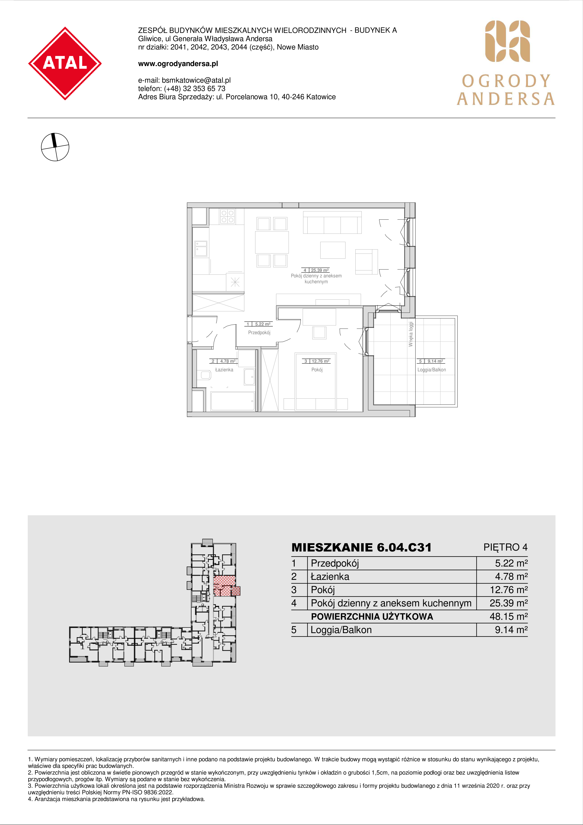 Mieszkanie 48,15 m², piętro 4, oferta nr 6.04.C31, Ogrody Andersa II, Gliwice, Wojska Polskiego, ul. Generała Władysława Andersa-idx