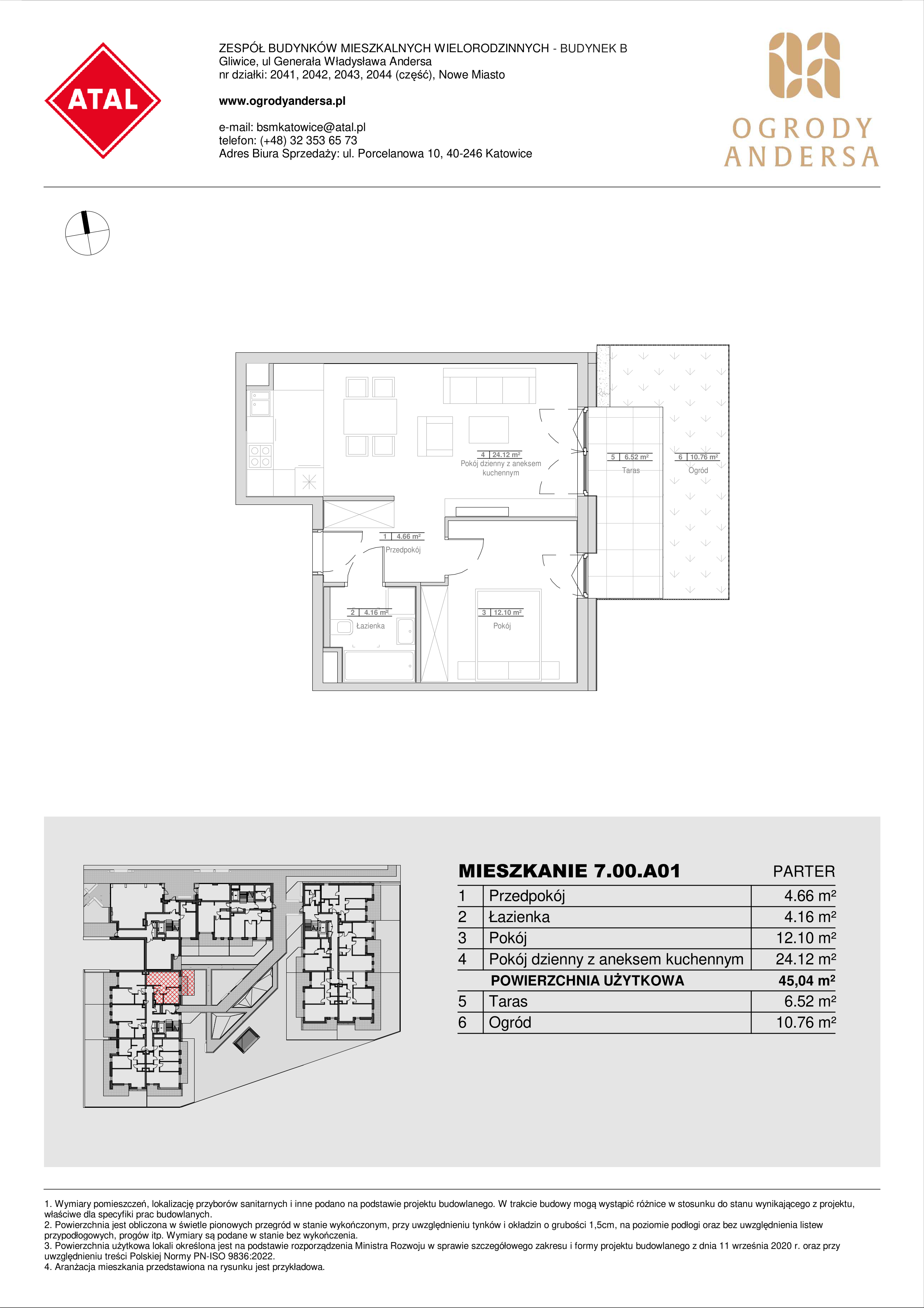 Mieszkanie 45,04 m², parter, oferta nr 7.00.A01, Ogrody Andersa II, Gliwice, Wojska Polskiego, ul. Generała Władysława Andersa-idx