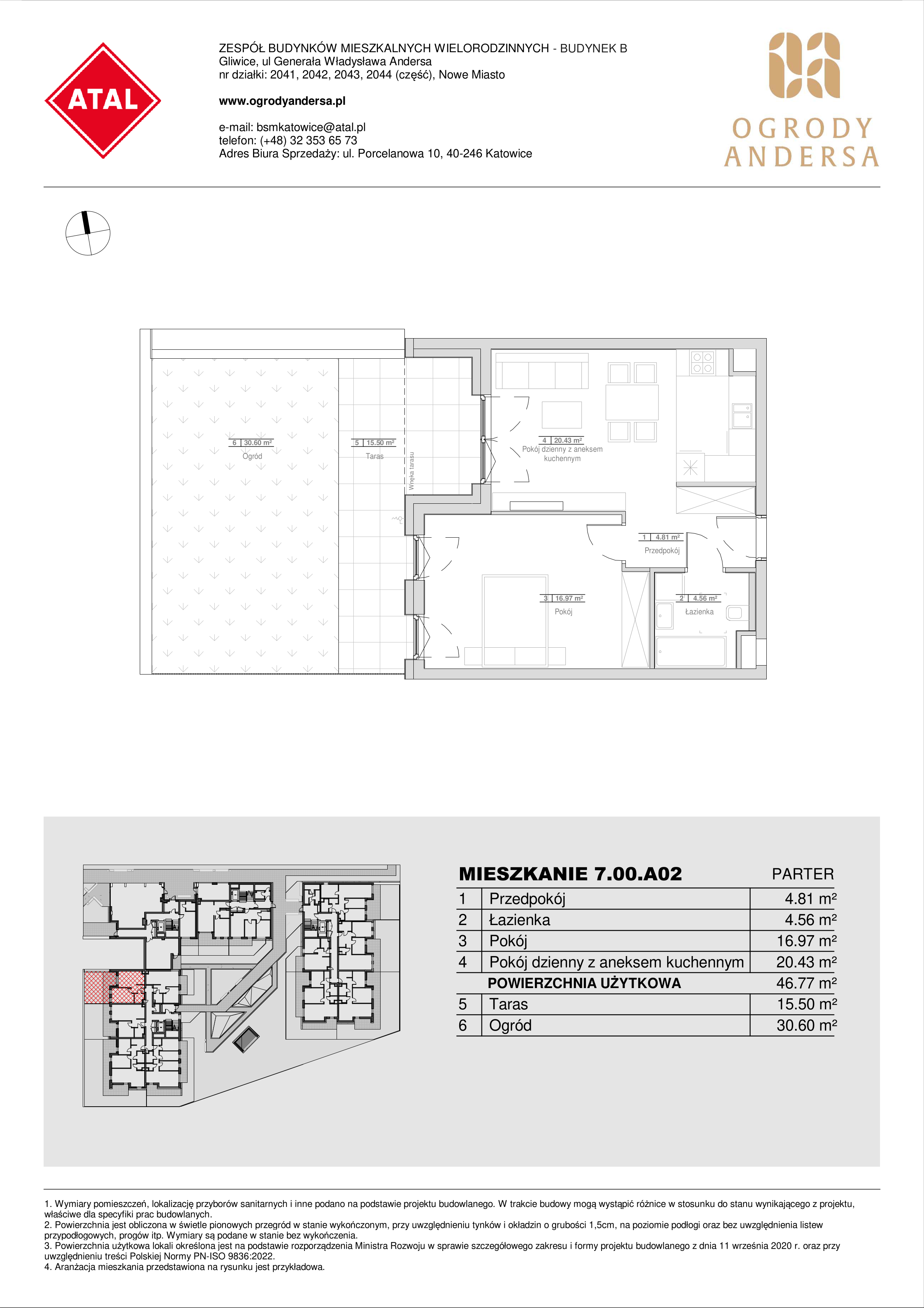 Mieszkanie 46,77 m², parter, oferta nr 7.00.A02, Ogrody Andersa II, Gliwice, Wojska Polskiego, ul. Generała Władysława Andersa-idx