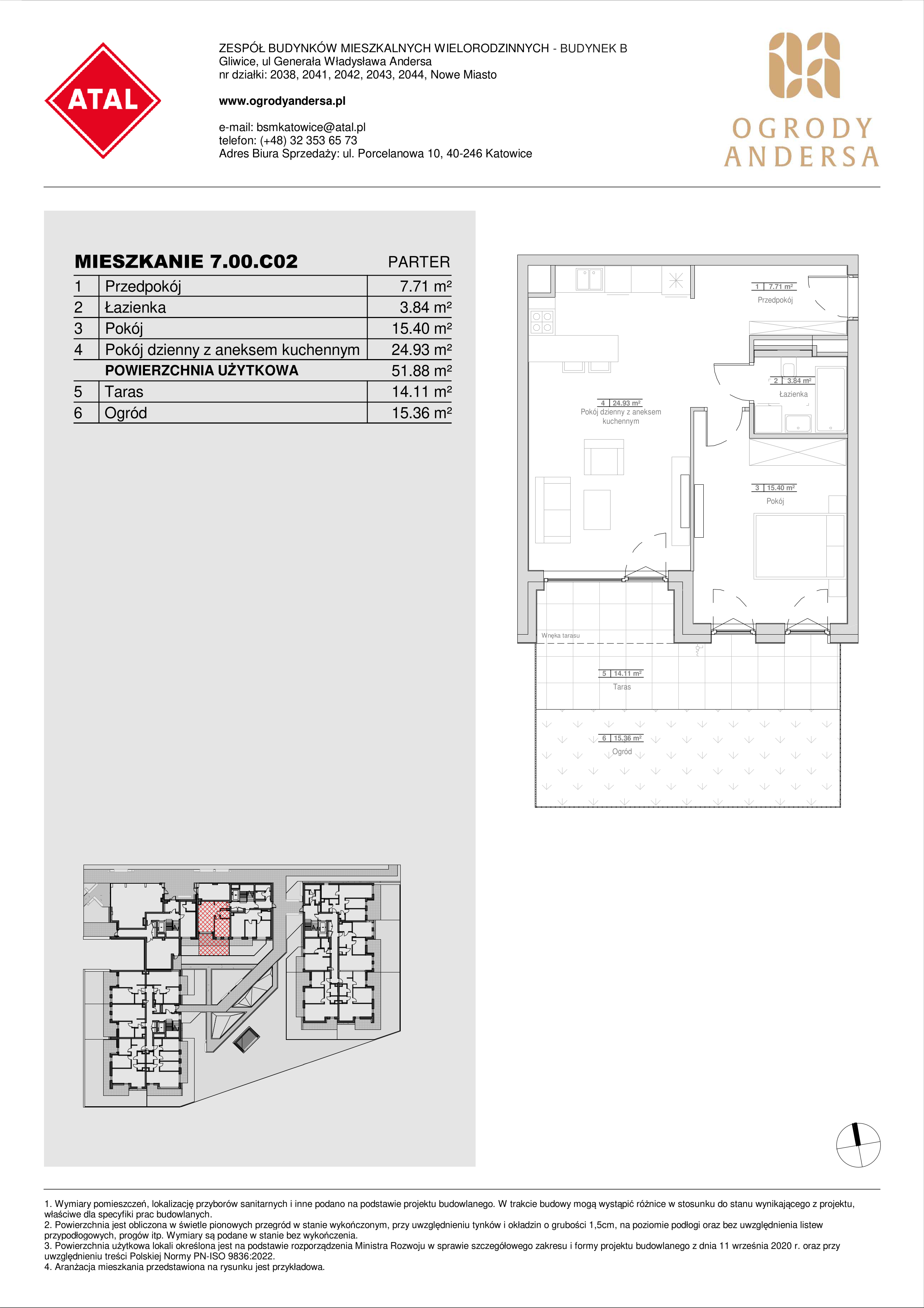 Mieszkanie 51,88 m², parter, oferta nr 7.00.C02, Ogrody Andersa II, Gliwice, Wojska Polskiego, ul. Generała Władysława Andersa-idx