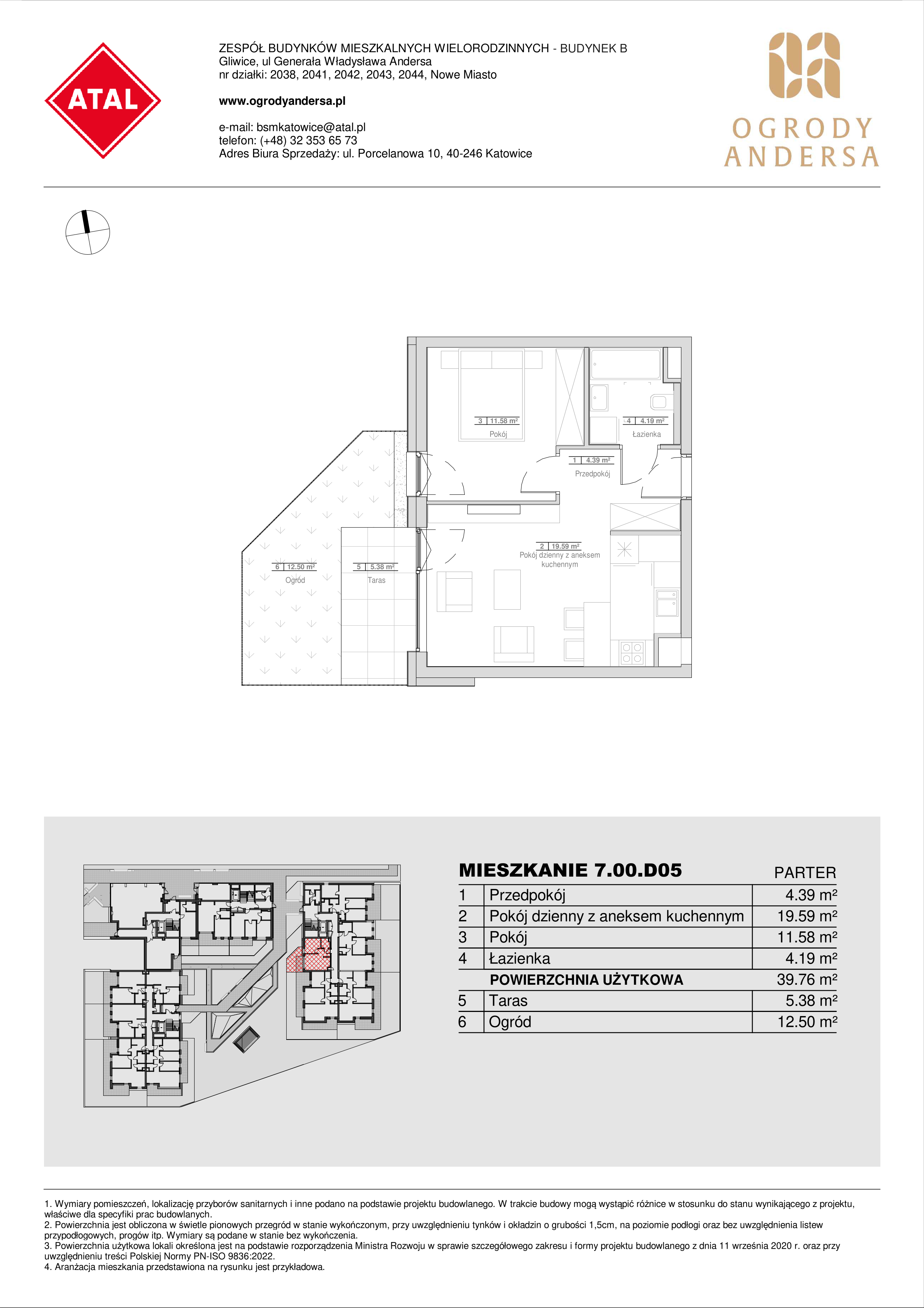 Mieszkanie 39,75 m², parter, oferta nr 7.00.D05, Ogrody Andersa II, Gliwice, Wojska Polskiego, ul. Generała Władysława Andersa-idx