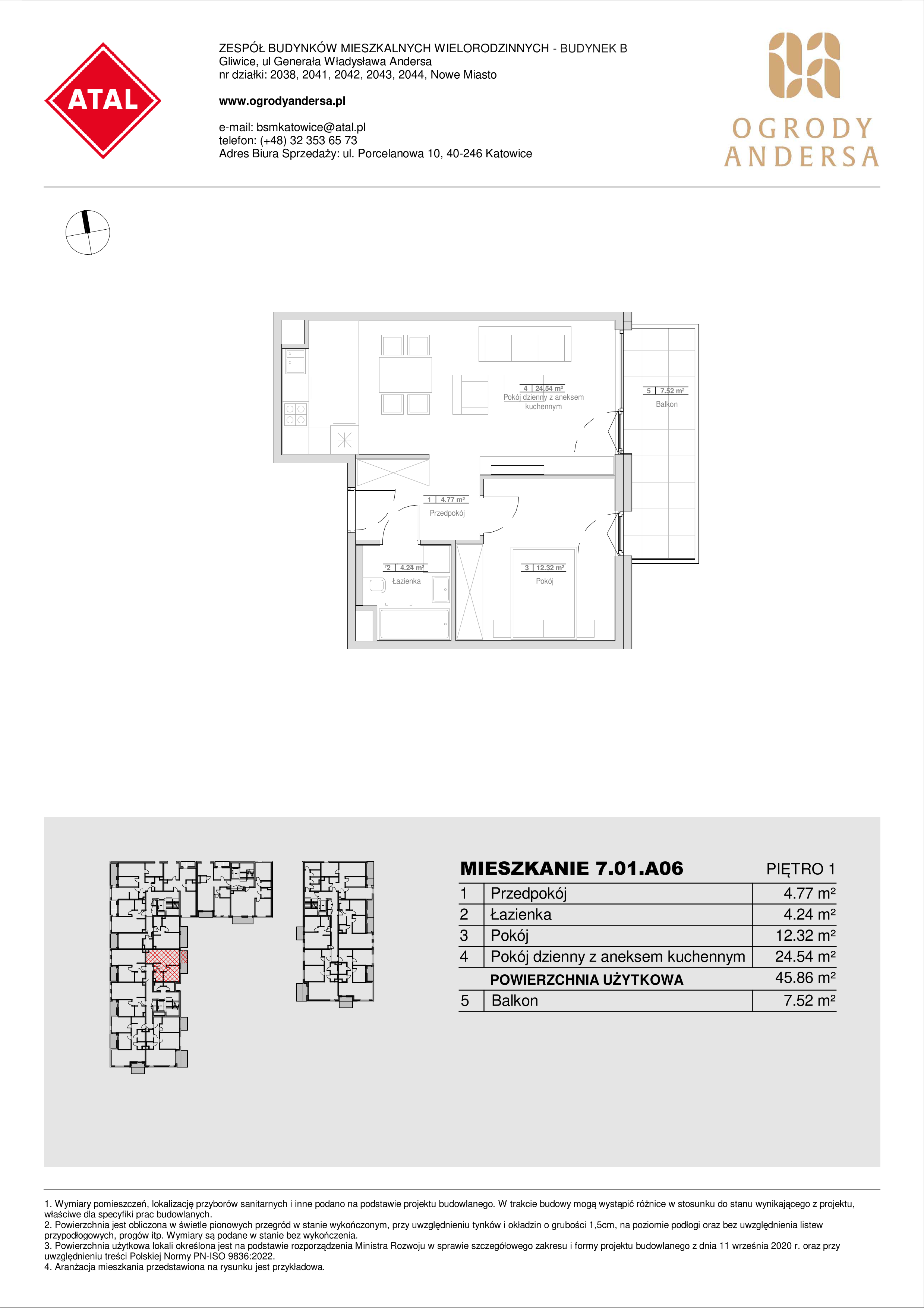 Mieszkanie 45,87 m², piętro 1, oferta nr 7.01.A06, Ogrody Andersa II, Gliwice, Wojska Polskiego, ul. Generała Władysława Andersa-idx