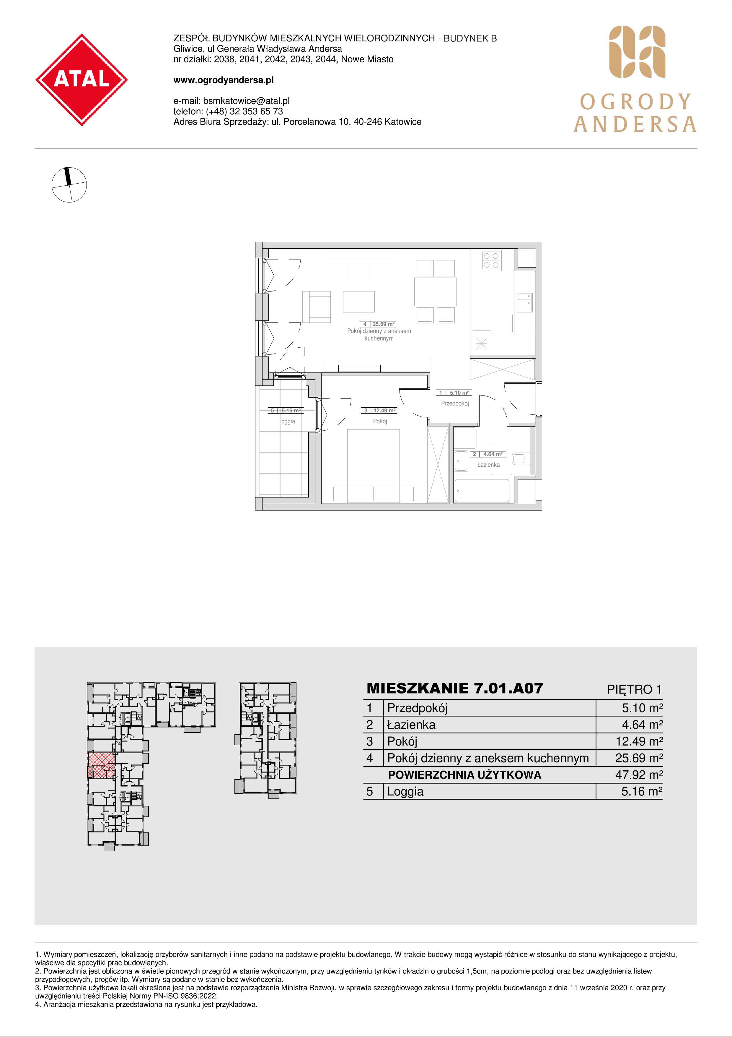 Mieszkanie 47,92 m², piętro 1, oferta nr 7.01.A07, Ogrody Andersa II, Gliwice, Wojska Polskiego, ul. Generała Władysława Andersa-idx