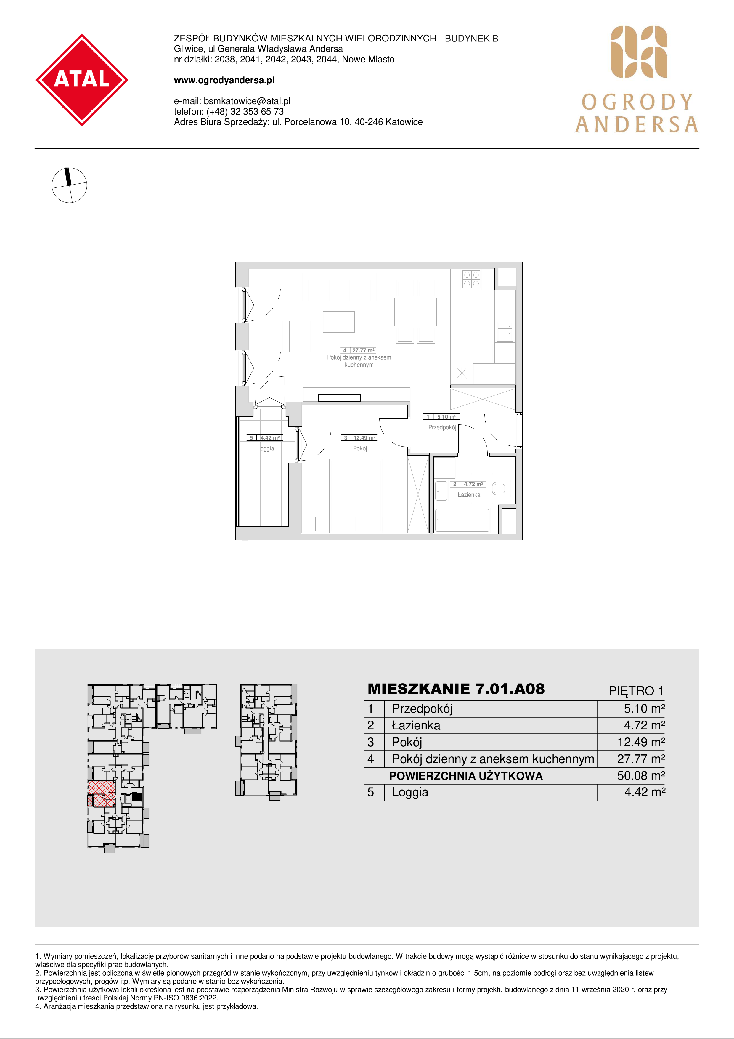 Mieszkanie 50,08 m², piętro 1, oferta nr 7.01.A08, Ogrody Andersa II, Gliwice, Wojska Polskiego, ul. Generała Władysława Andersa-idx