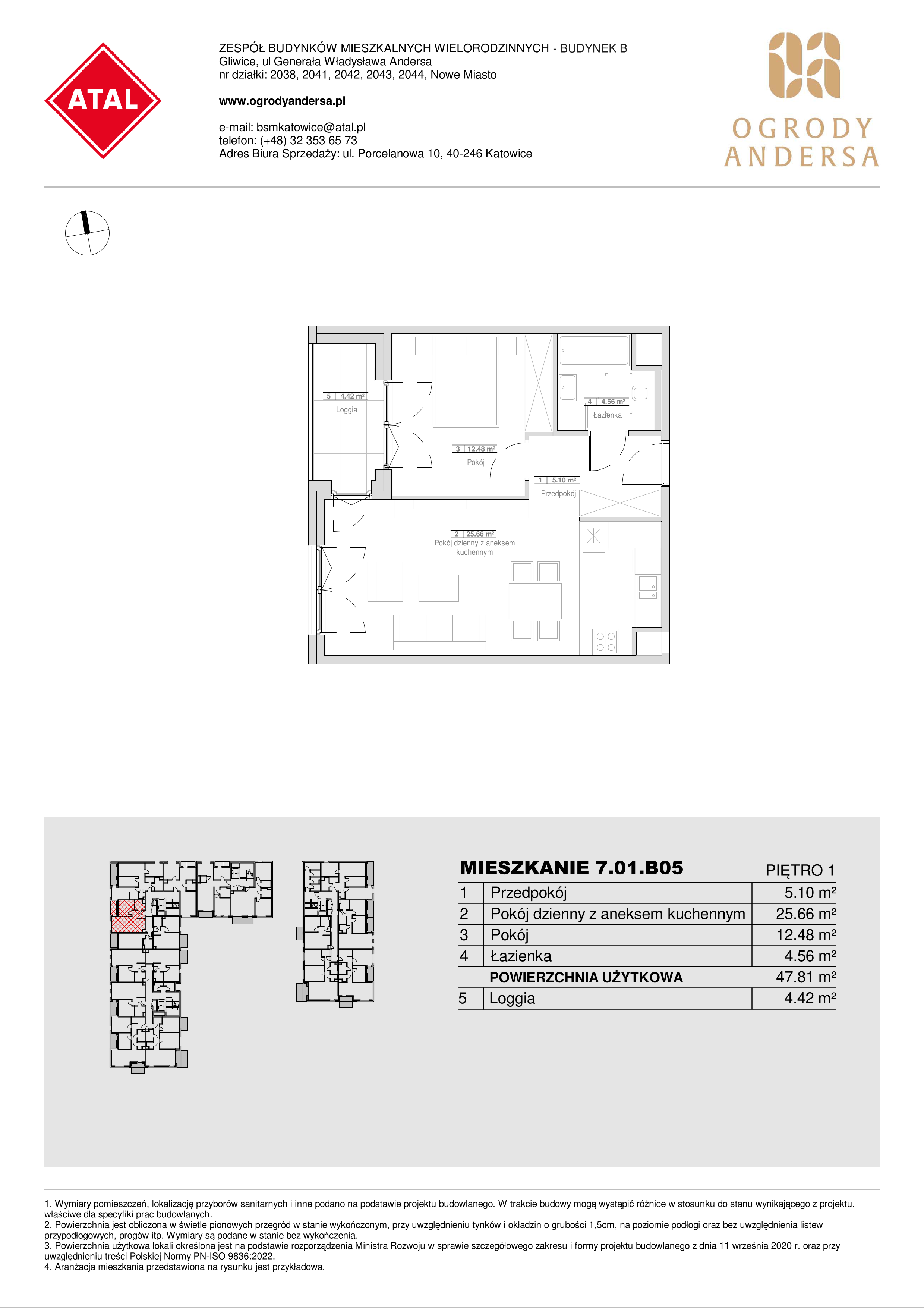 Mieszkanie 47,80 m², piętro 1, oferta nr 7.01.B05, Ogrody Andersa II, Gliwice, Wojska Polskiego, ul. Generała Władysława Andersa-idx