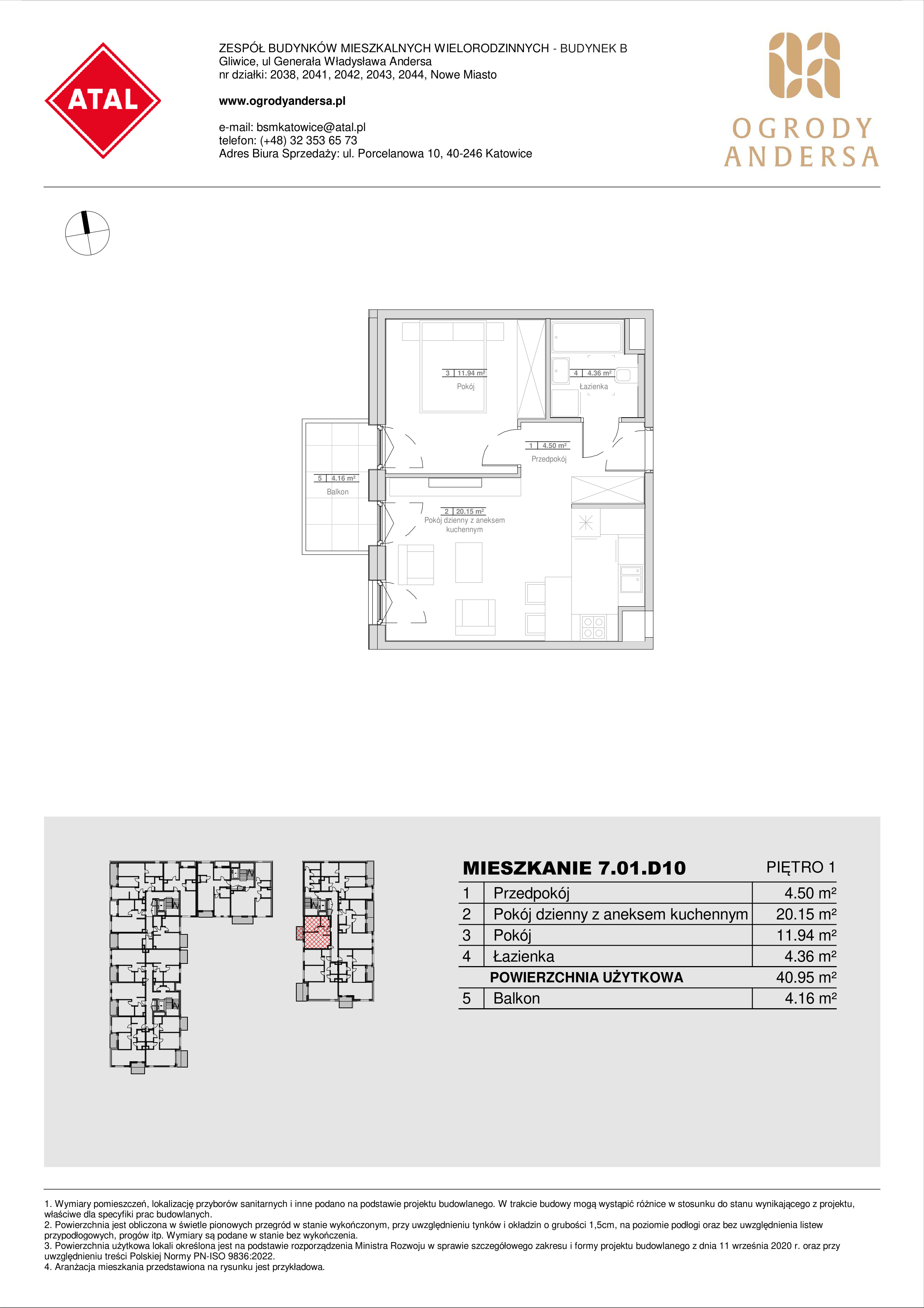 Mieszkanie 40,95 m², piętro 1, oferta nr 7.01.D10, Ogrody Andersa II, Gliwice, Wojska Polskiego, ul. Generała Władysława Andersa-idx