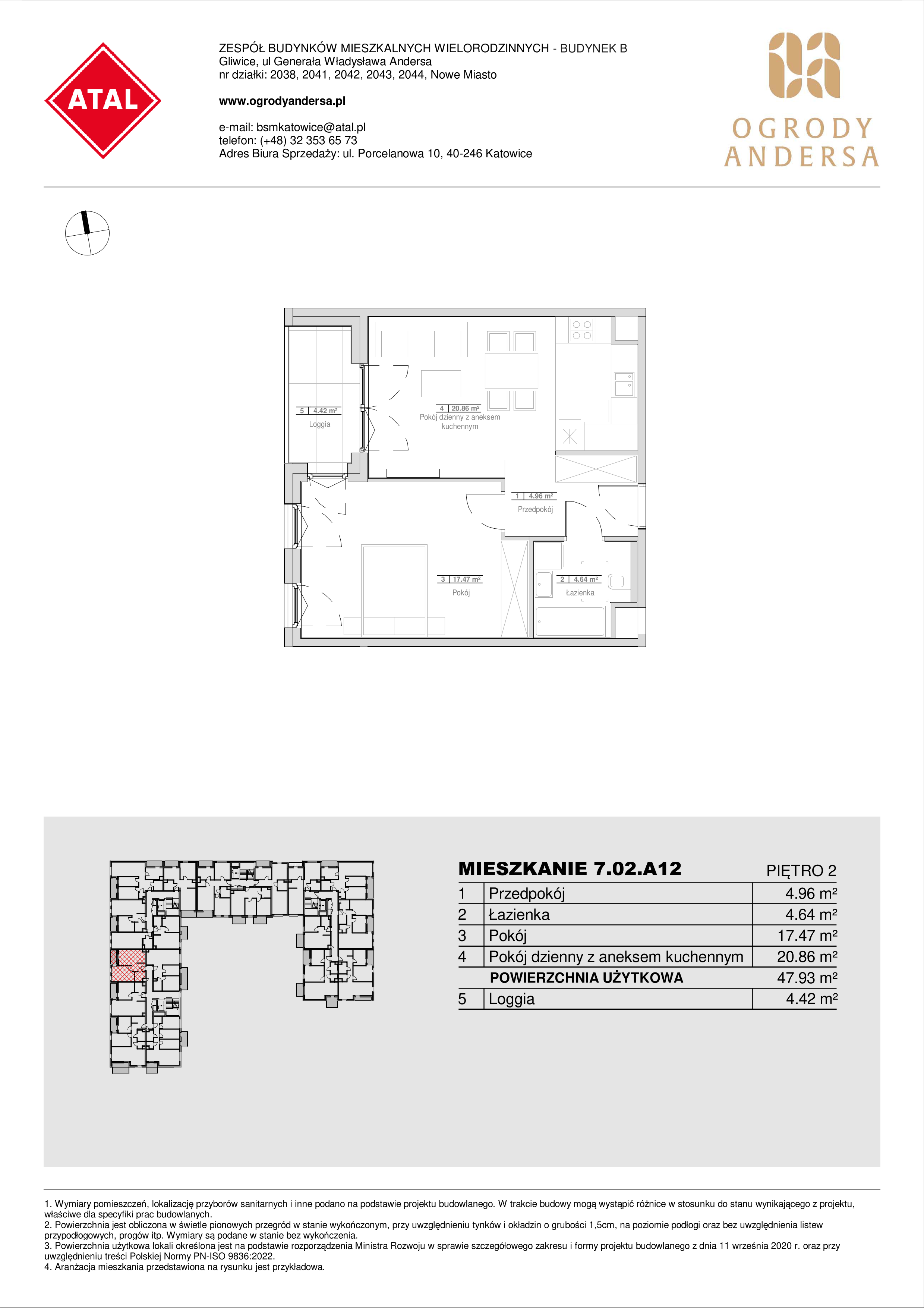 Mieszkanie 47,93 m², piętro 2, oferta nr 7.02.A12, Ogrody Andersa II, Gliwice, Wojska Polskiego, ul. Generała Władysława Andersa-idx