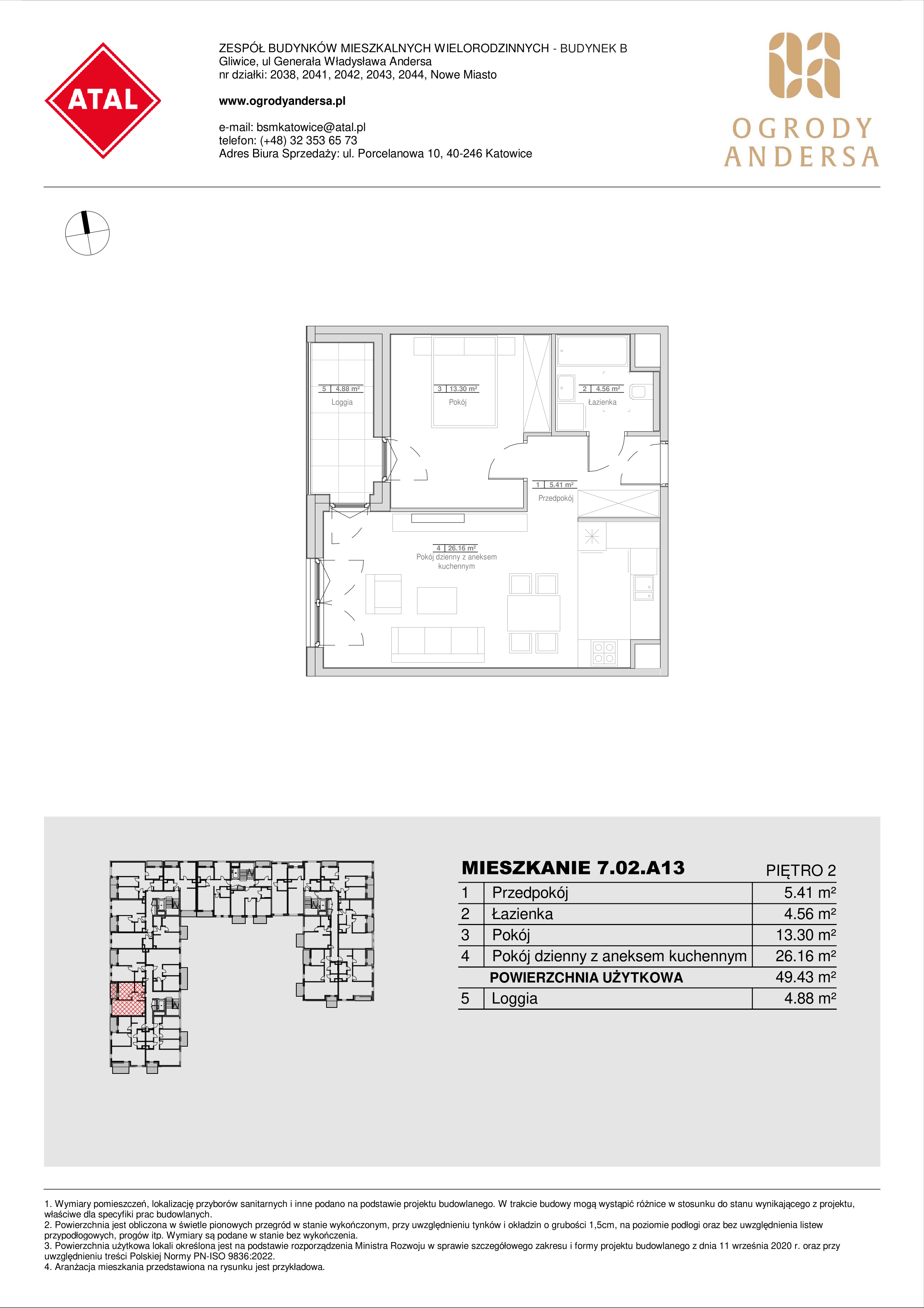 Mieszkanie 49,43 m², piętro 2, oferta nr 7.02.A13, Ogrody Andersa II, Gliwice, Wojska Polskiego, ul. Generała Władysława Andersa-idx