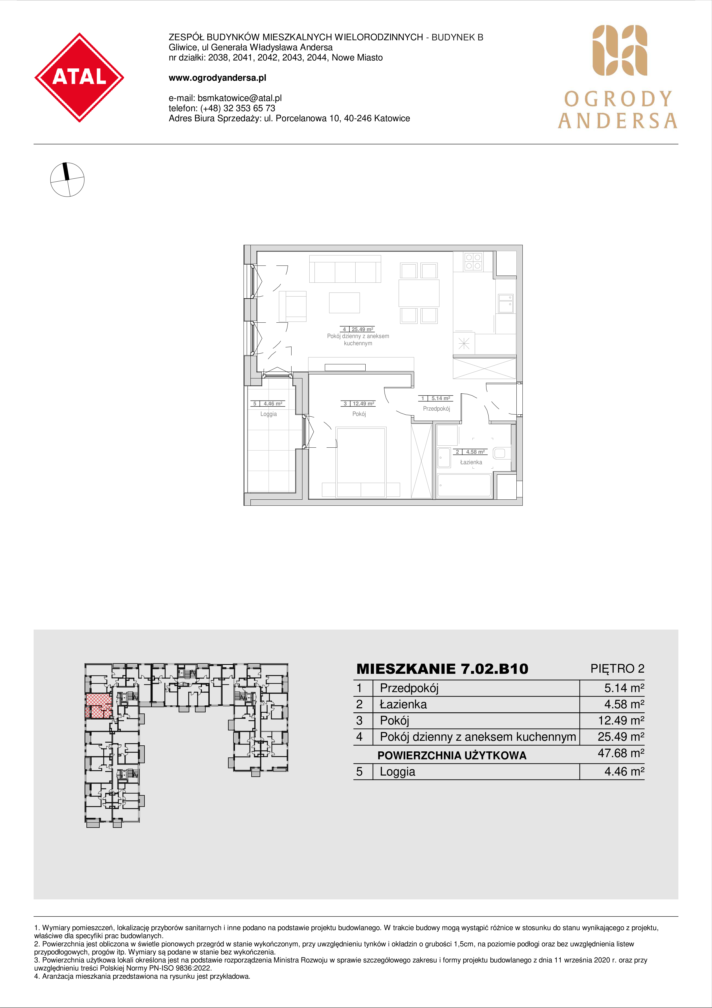 Mieszkanie 47,70 m², piętro 2, oferta nr 7.02.B10, Ogrody Andersa II, Gliwice, Wojska Polskiego, ul. Generała Władysława Andersa-idx