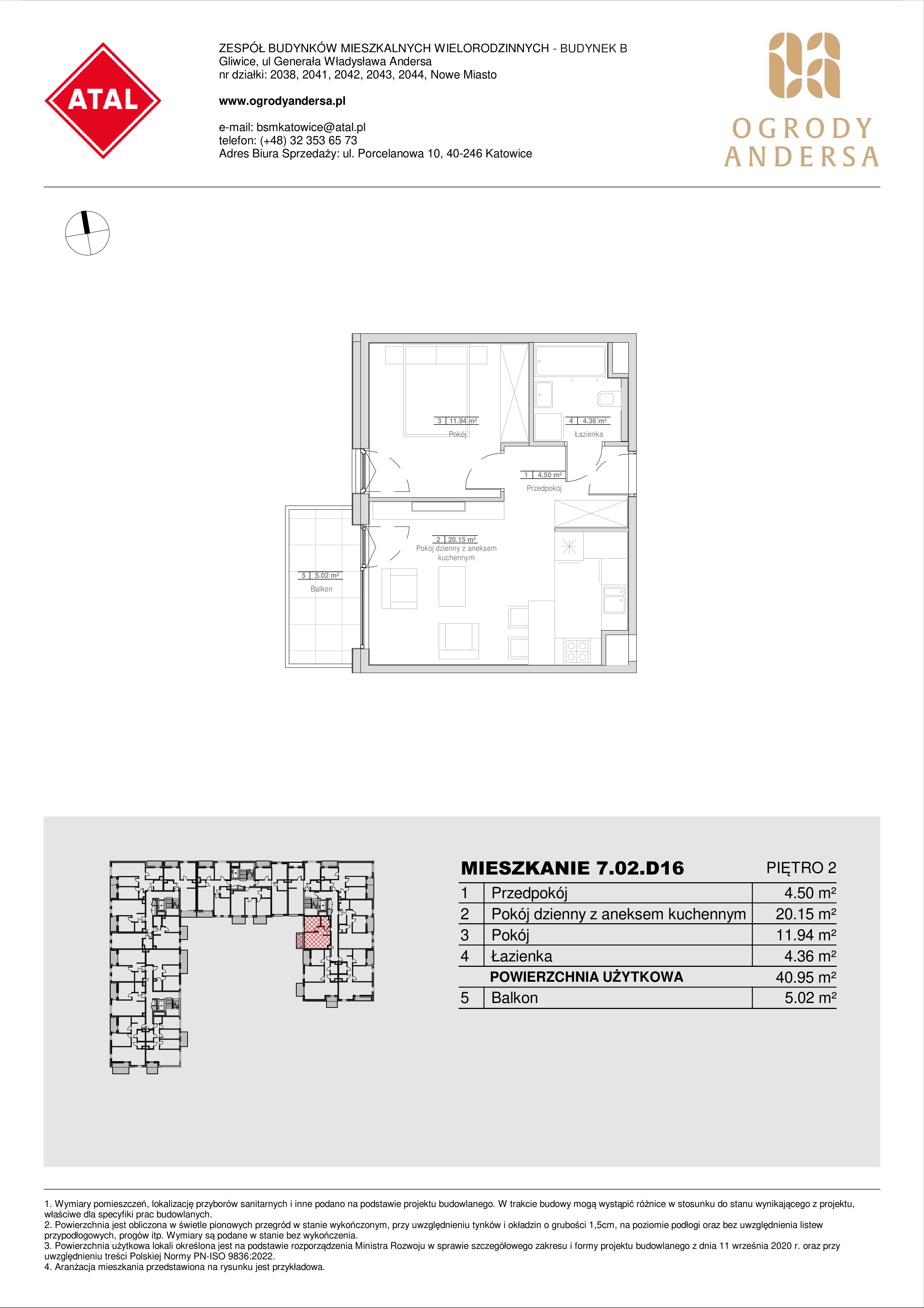 Mieszkanie 40,95 m², piętro 2, oferta nr 7.02.D16, Ogrody Andersa II, Gliwice, Wojska Polskiego, ul. Generała Władysława Andersa-idx