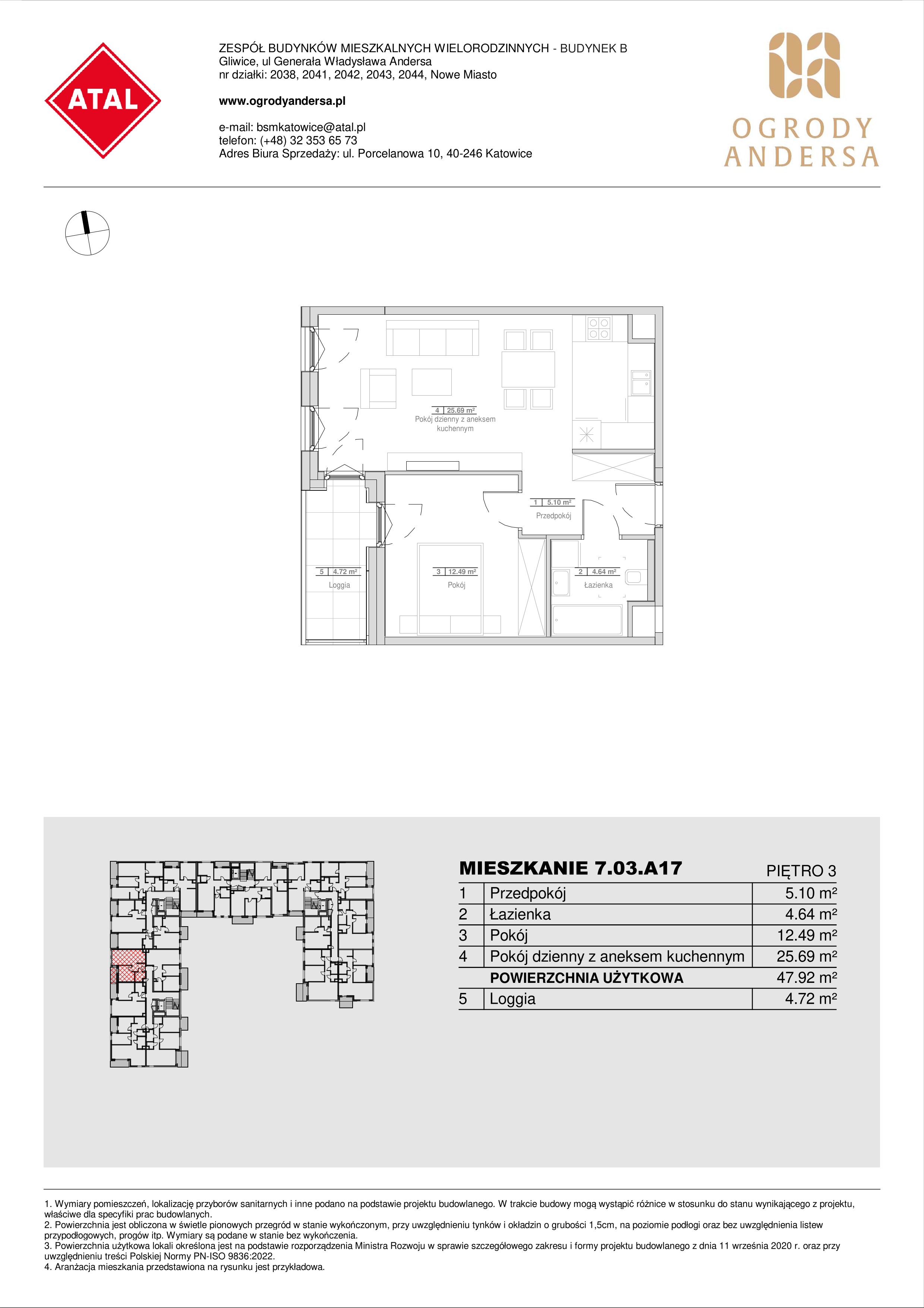 Mieszkanie 47,92 m², piętro 3, oferta nr 7.03.A17, Ogrody Andersa II, Gliwice, Wojska Polskiego, ul. Generała Władysława Andersa-idx