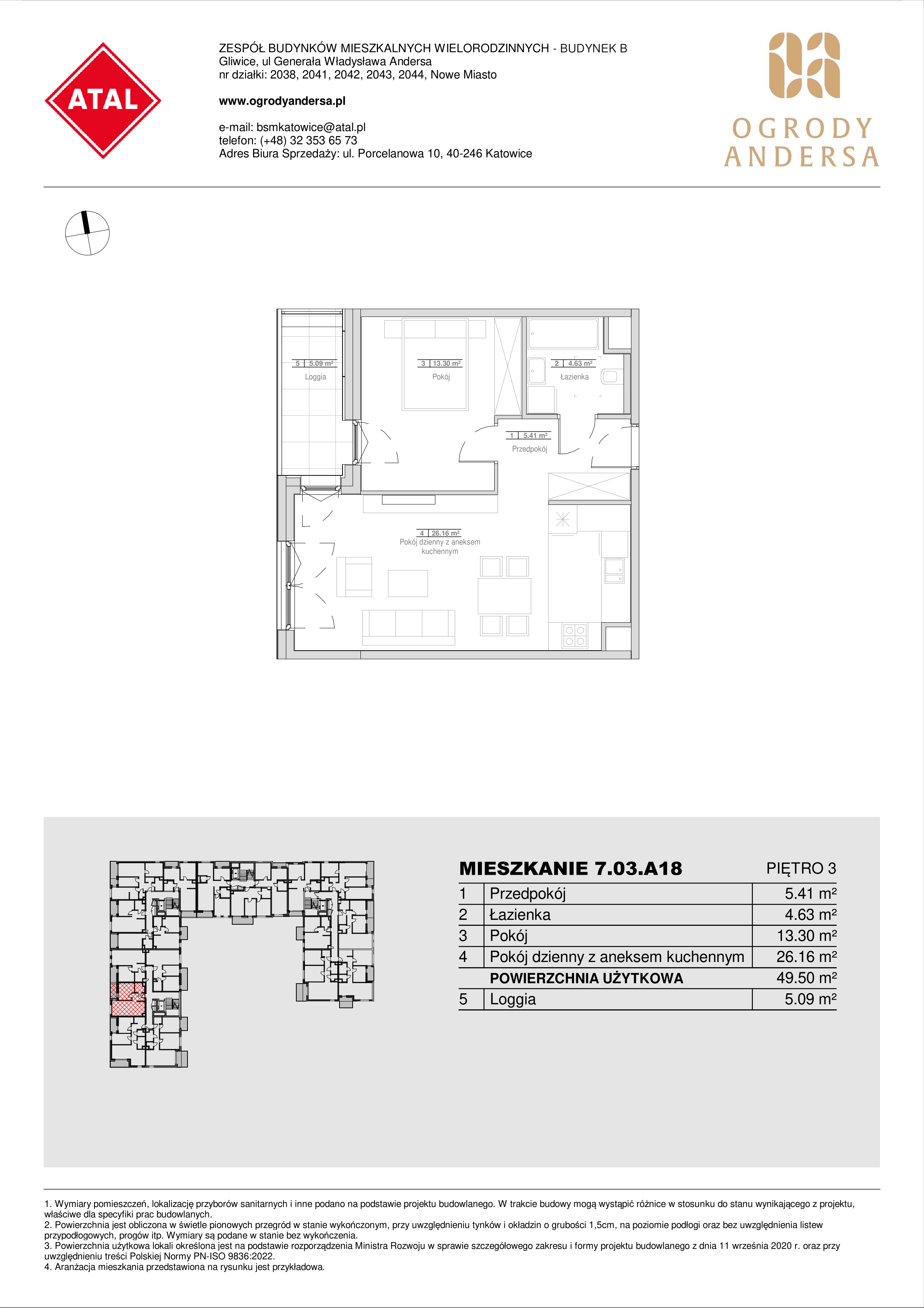 Mieszkanie 49,50 m², piętro 3, oferta nr 7.03.A18, Ogrody Andersa II, Gliwice, Wojska Polskiego, ul. Generała Władysława Andersa-idx