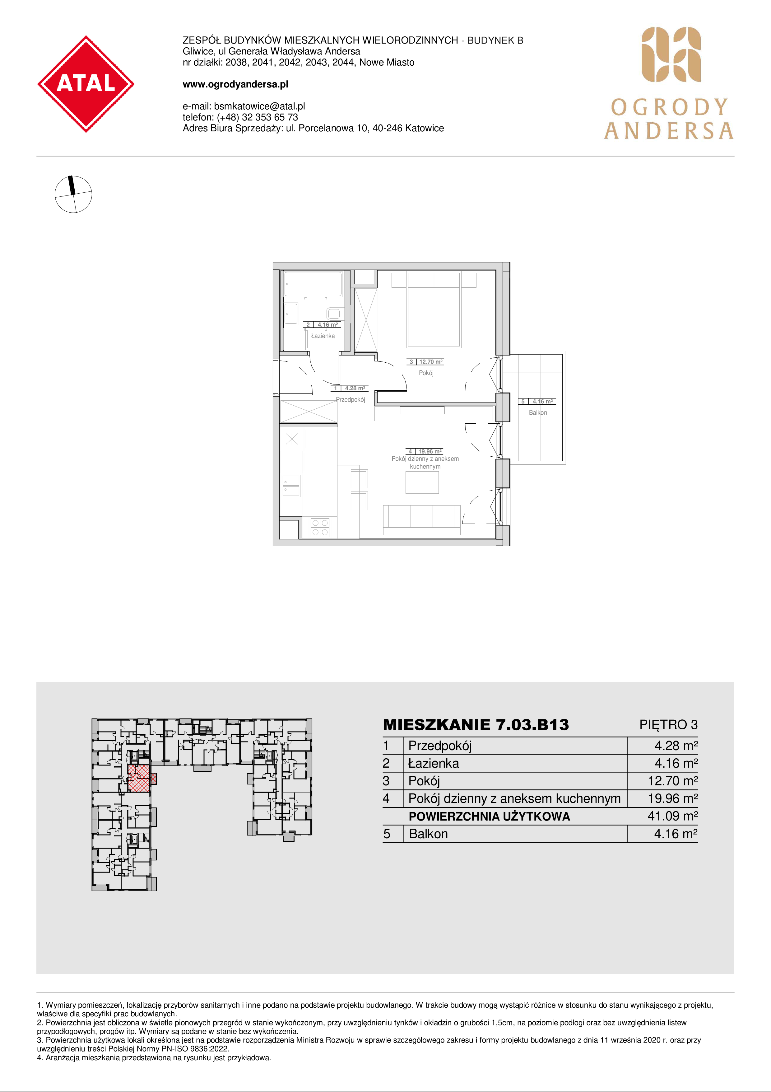 Mieszkanie 41,10 m², piętro 3, oferta nr 7.03.B13, Ogrody Andersa II, Gliwice, Wojska Polskiego, ul. Generała Władysława Andersa-idx