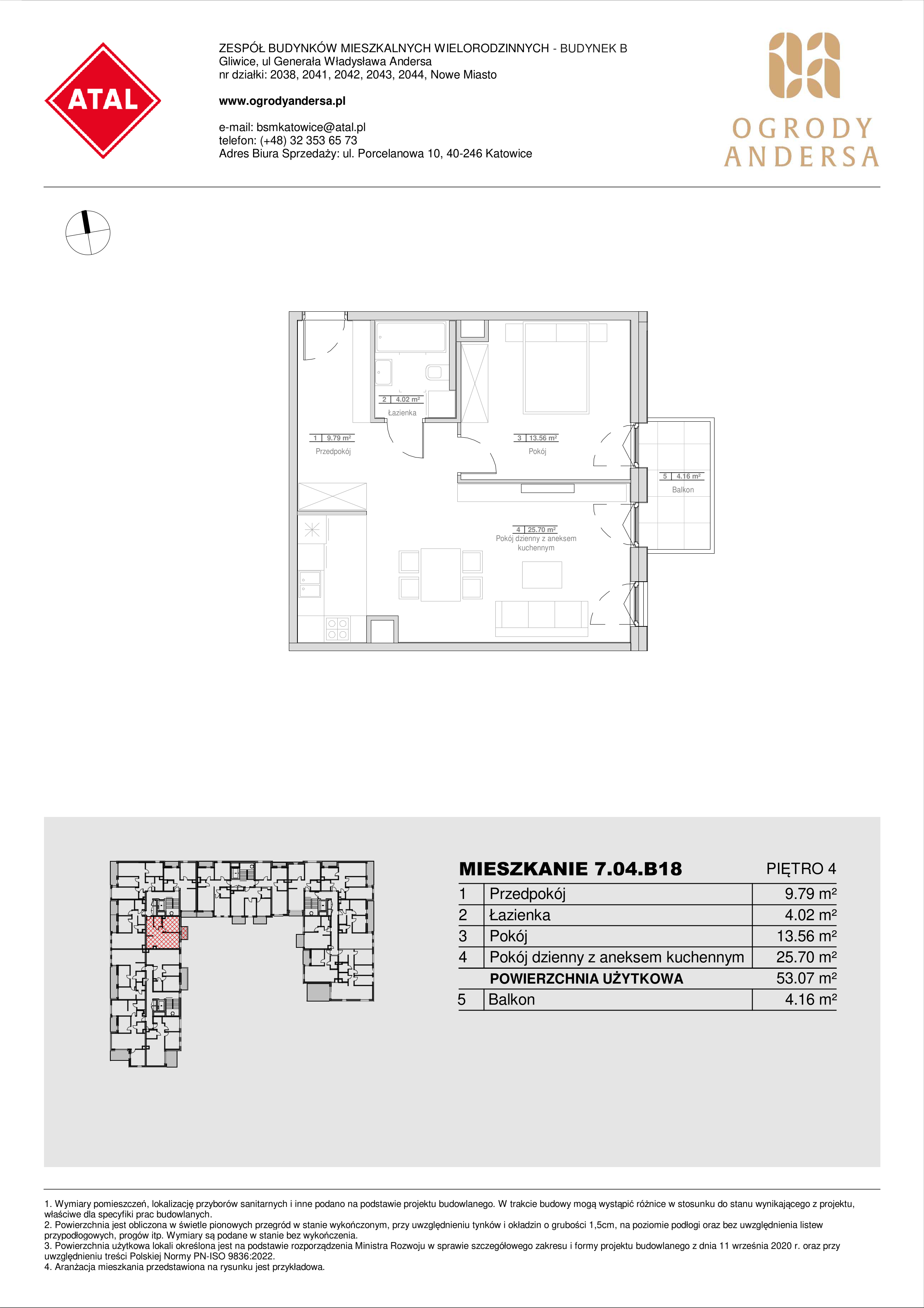 Mieszkanie 53,07 m², piętro 4, oferta nr 7.04.B18, Ogrody Andersa II, Gliwice, Wojska Polskiego, ul. Generała Władysława Andersa-idx