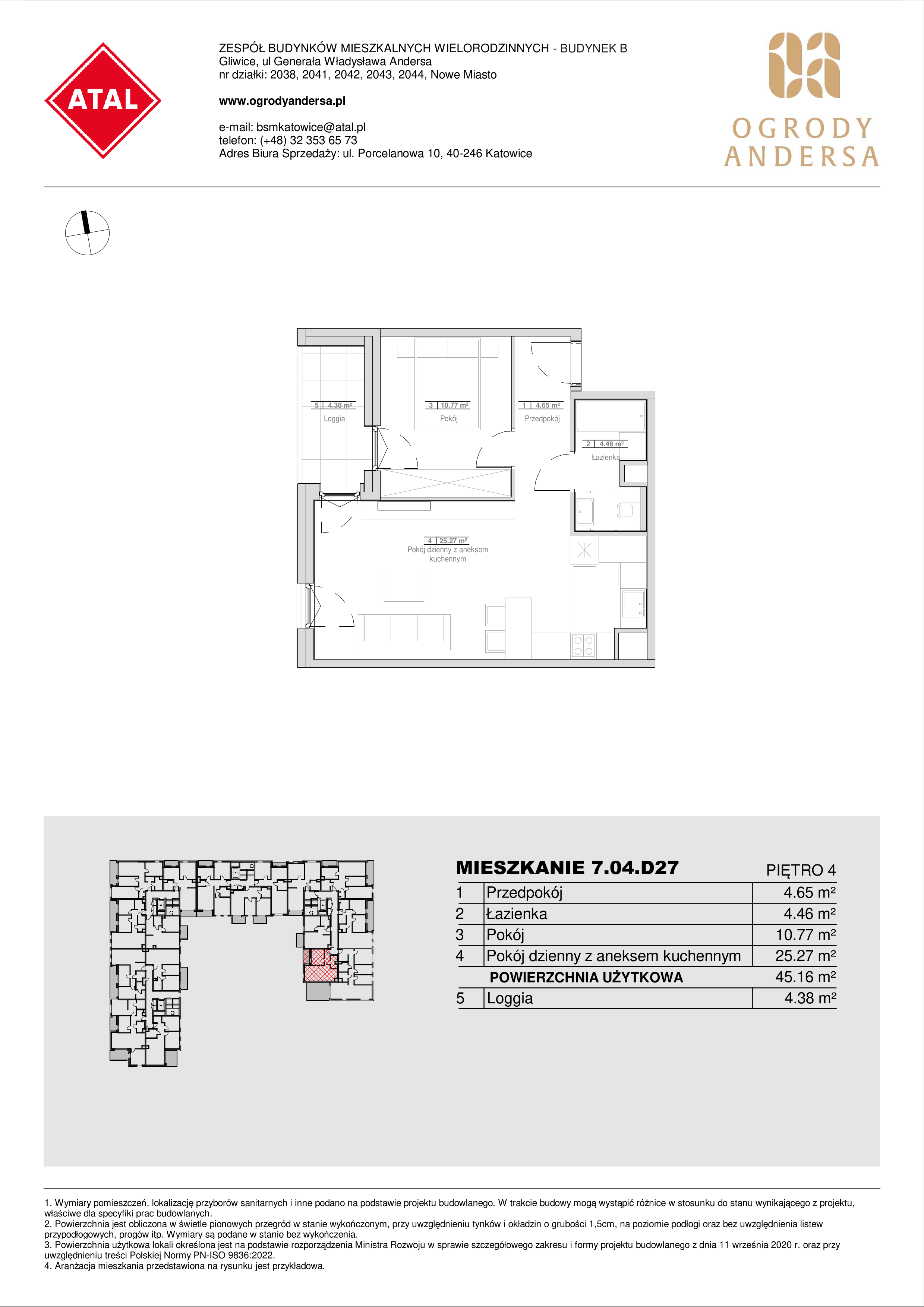 Mieszkanie 45,15 m², piętro 4, oferta nr 7.04.D27, Ogrody Andersa II, Gliwice, Wojska Polskiego, ul. Generała Władysława Andersa-idx