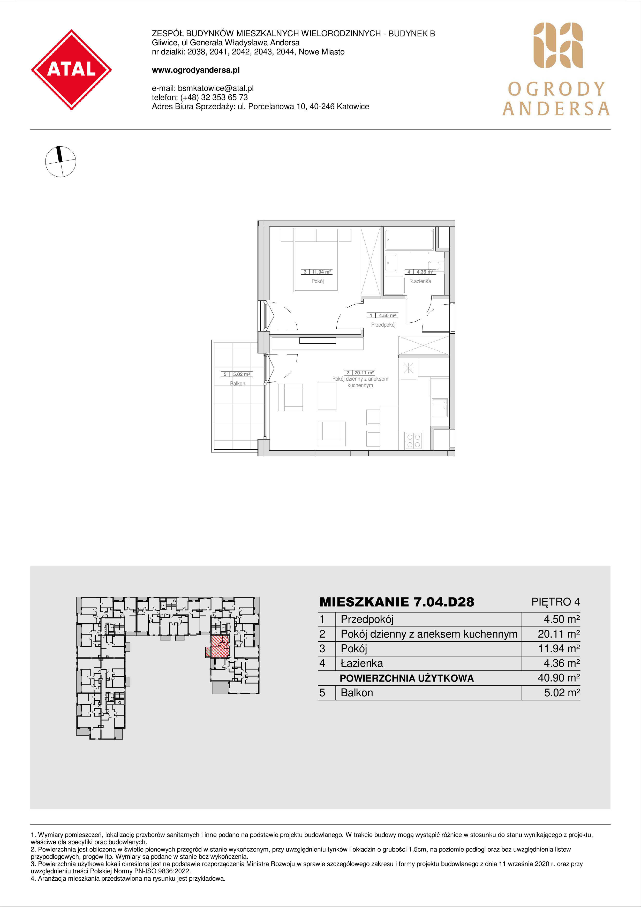 Mieszkanie 40,91 m², piętro 4, oferta nr 7.04.D28, Ogrody Andersa II, Gliwice, Wojska Polskiego, ul. Generała Władysława Andersa-idx