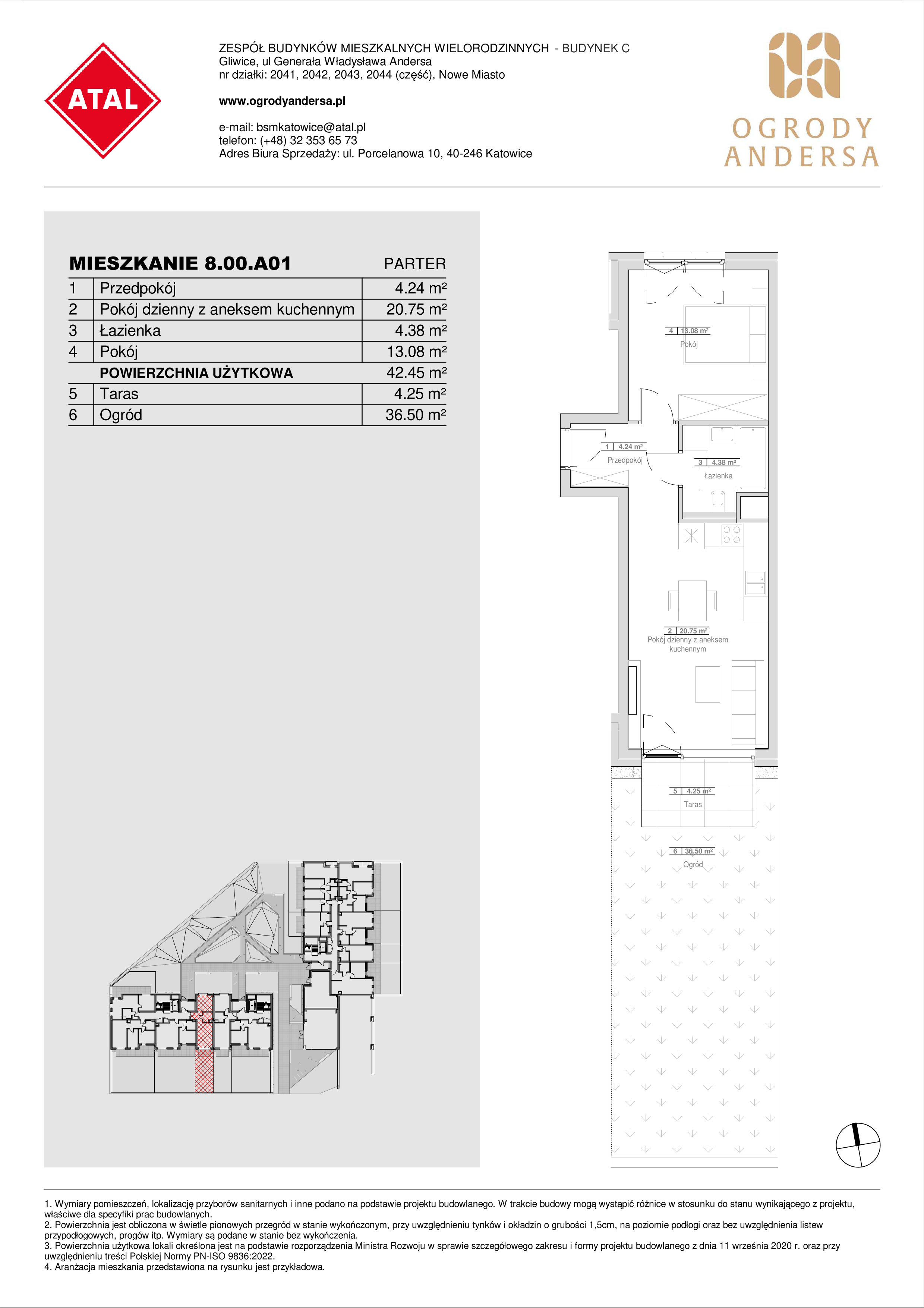 Mieszkanie 42,45 m², parter, oferta nr 8.00.A01, Ogrody Andersa II, Gliwice, Wojska Polskiego, ul. Generała Władysława Andersa-idx