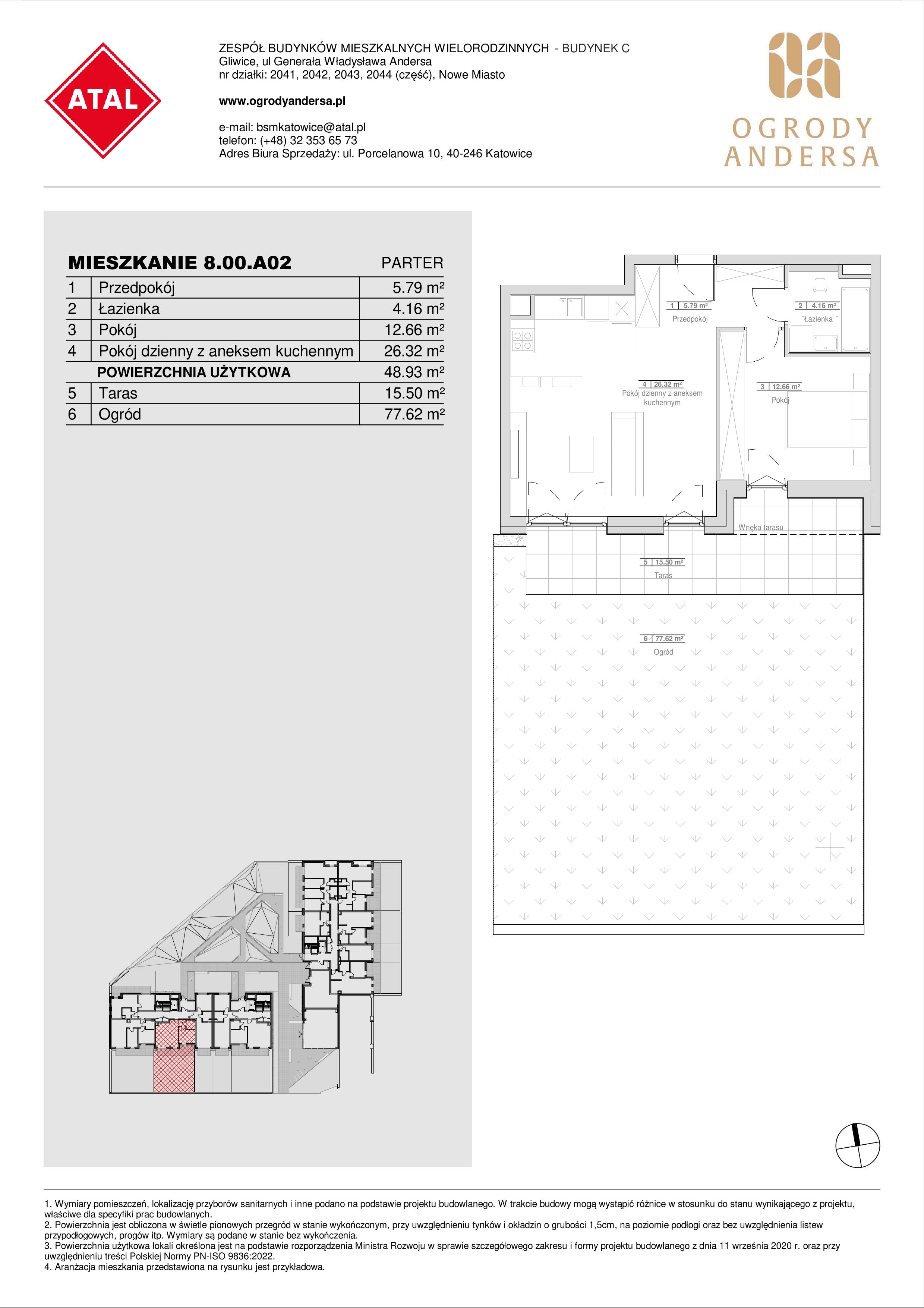 Mieszkanie 48,93 m², parter, oferta nr 8.00.A02, Ogrody Andersa II, Gliwice, Wojska Polskiego, ul. Generała Władysława Andersa-idx