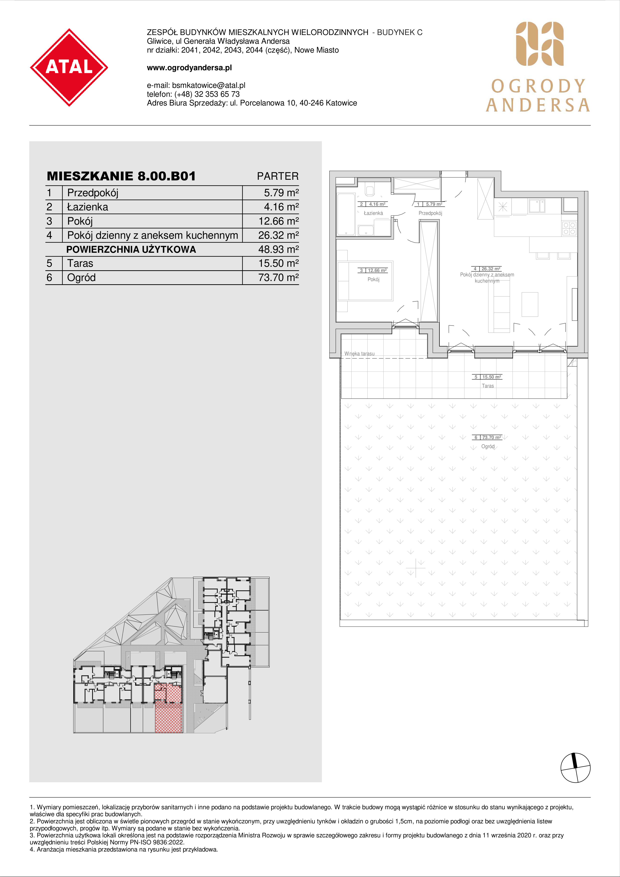 Mieszkanie 48,93 m², parter, oferta nr 8.00.B01, Ogrody Andersa II, Gliwice, Wojska Polskiego, ul. Generała Władysława Andersa-idx