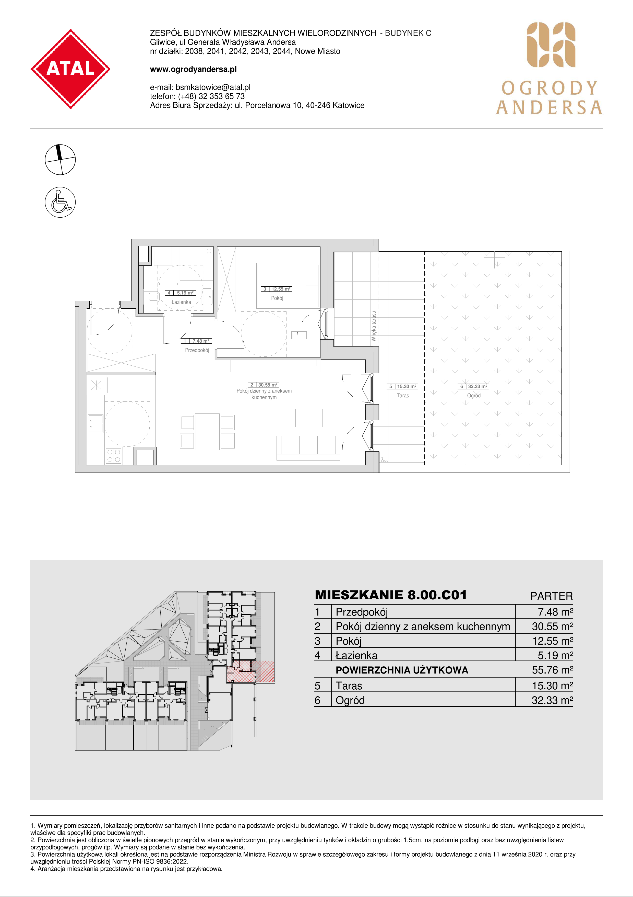 Mieszkanie 55,77 m², parter, oferta nr 8.00.C01, Ogrody Andersa II, Gliwice, Wojska Polskiego, ul. Generała Władysława Andersa-idx