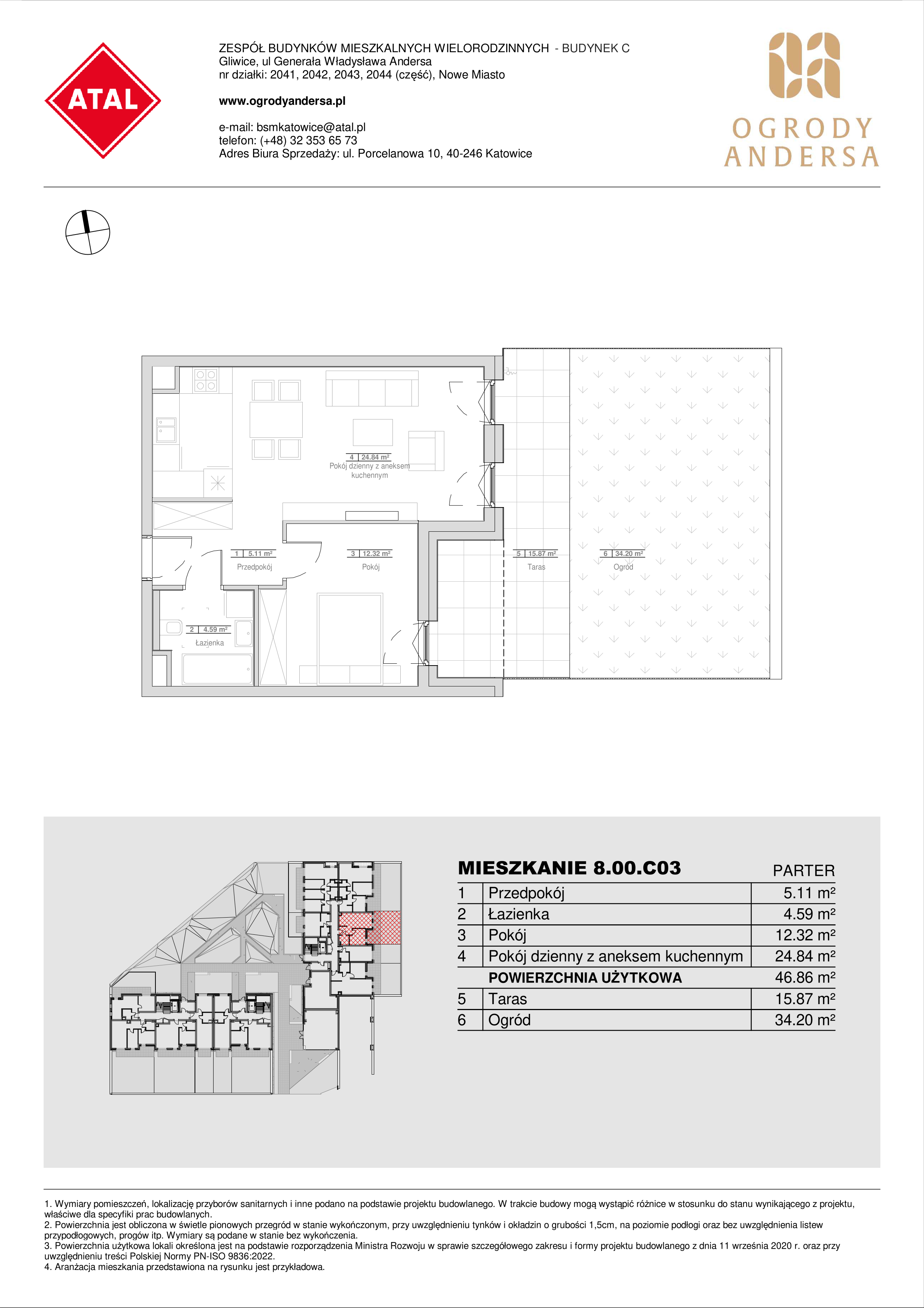 Mieszkanie 46,86 m², parter, oferta nr 8.00.C03, Ogrody Andersa II, Gliwice, Wojska Polskiego, ul. Generała Władysława Andersa-idx