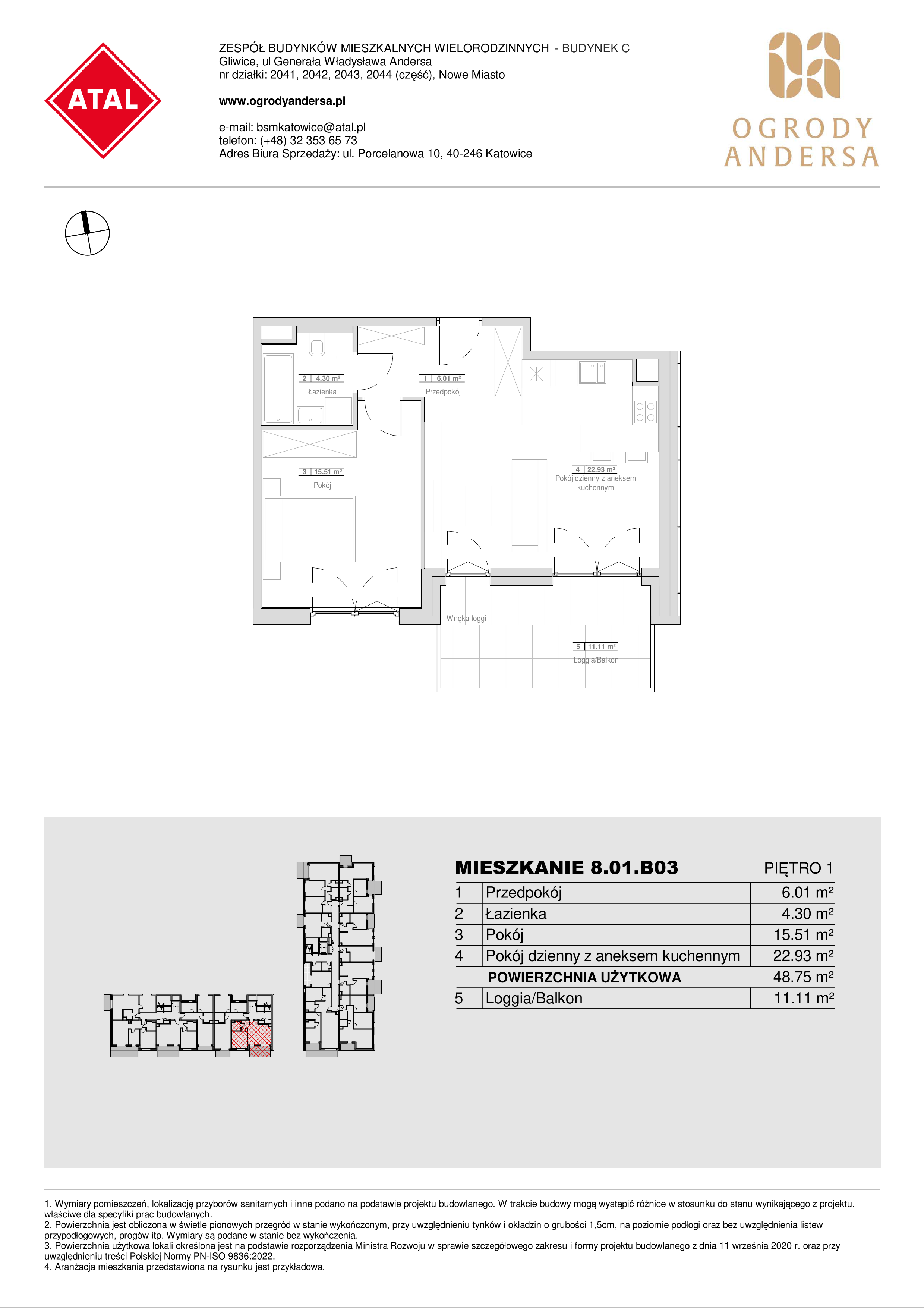 Mieszkanie 48,75 m², piętro 1, oferta nr 8.01.B03, Ogrody Andersa II, Gliwice, Wojska Polskiego, ul. Generała Władysława Andersa-idx