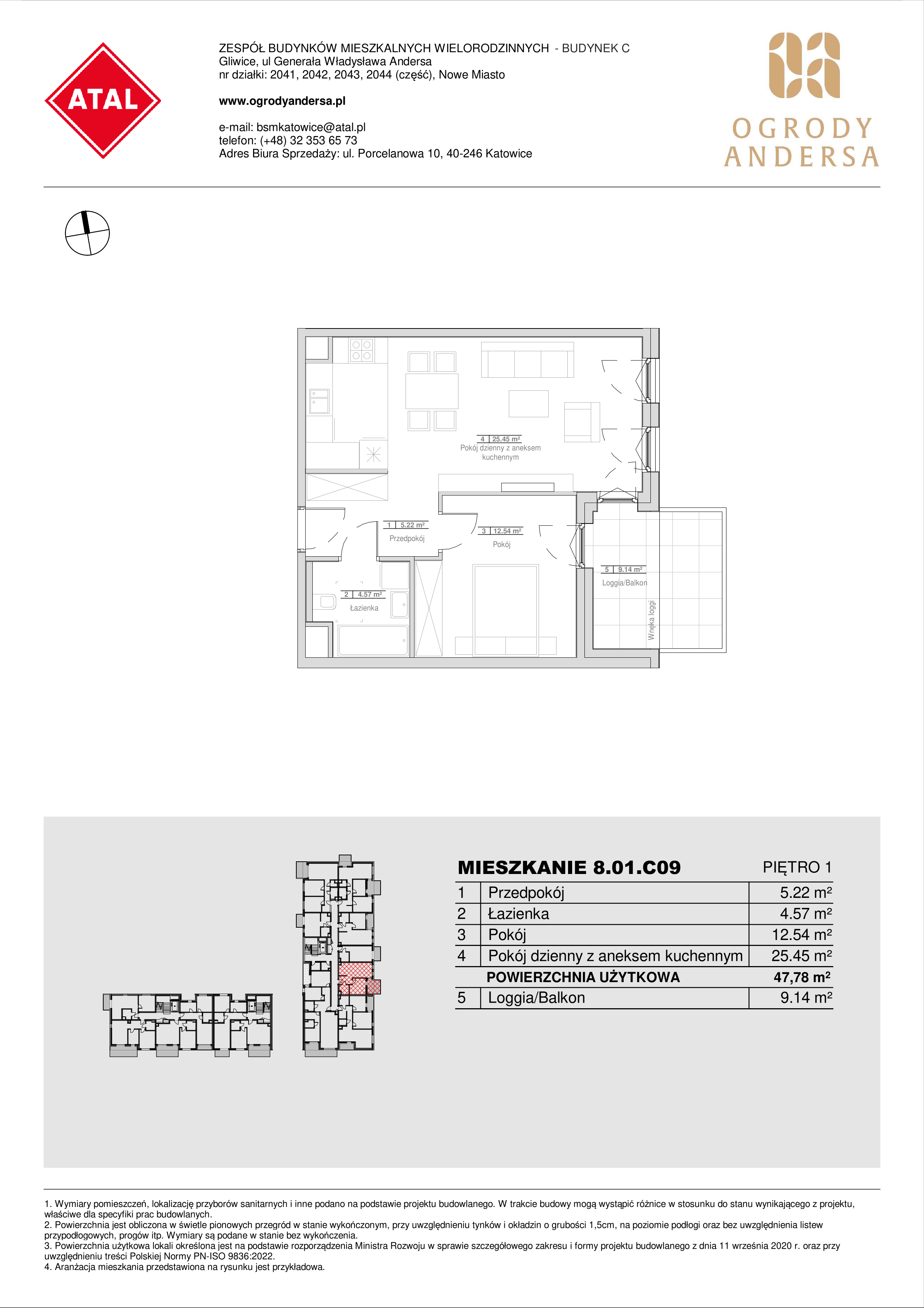 Mieszkanie 47,78 m², piętro 1, oferta nr 8.01.C09, Ogrody Andersa II, Gliwice, Wojska Polskiego, ul. Generała Władysława Andersa-idx