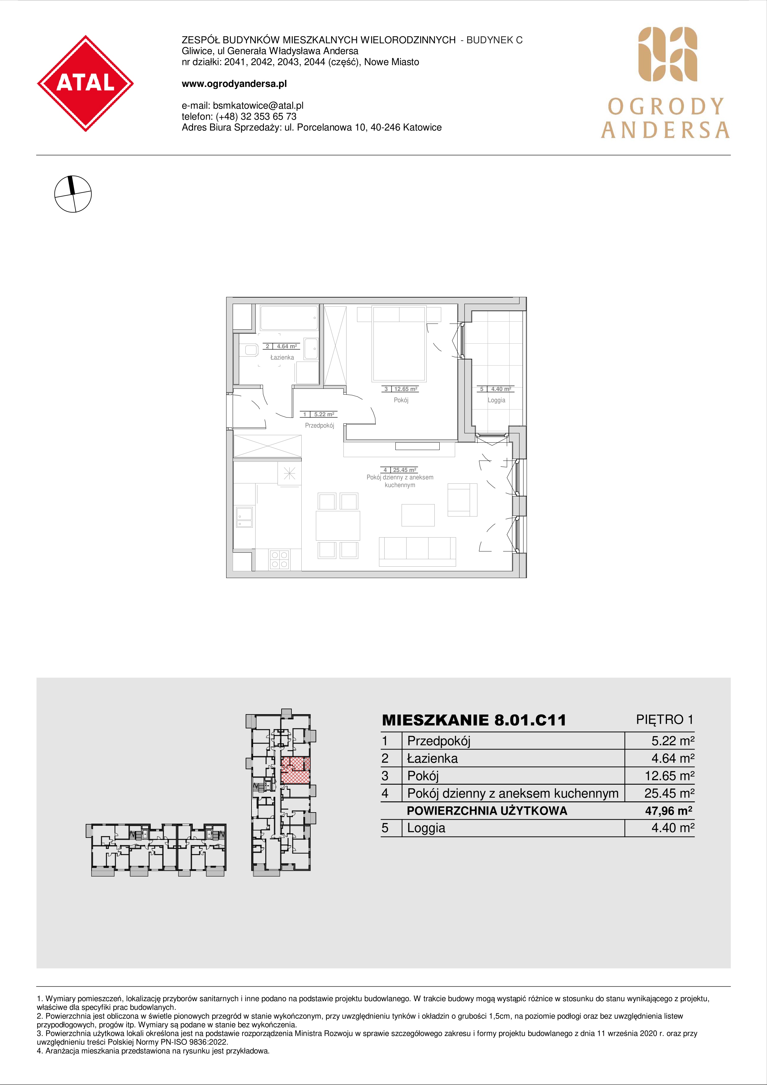 Mieszkanie 47,96 m², piętro 1, oferta nr 8.01.C11, Ogrody Andersa II, Gliwice, Wojska Polskiego, ul. Generała Władysława Andersa-idx