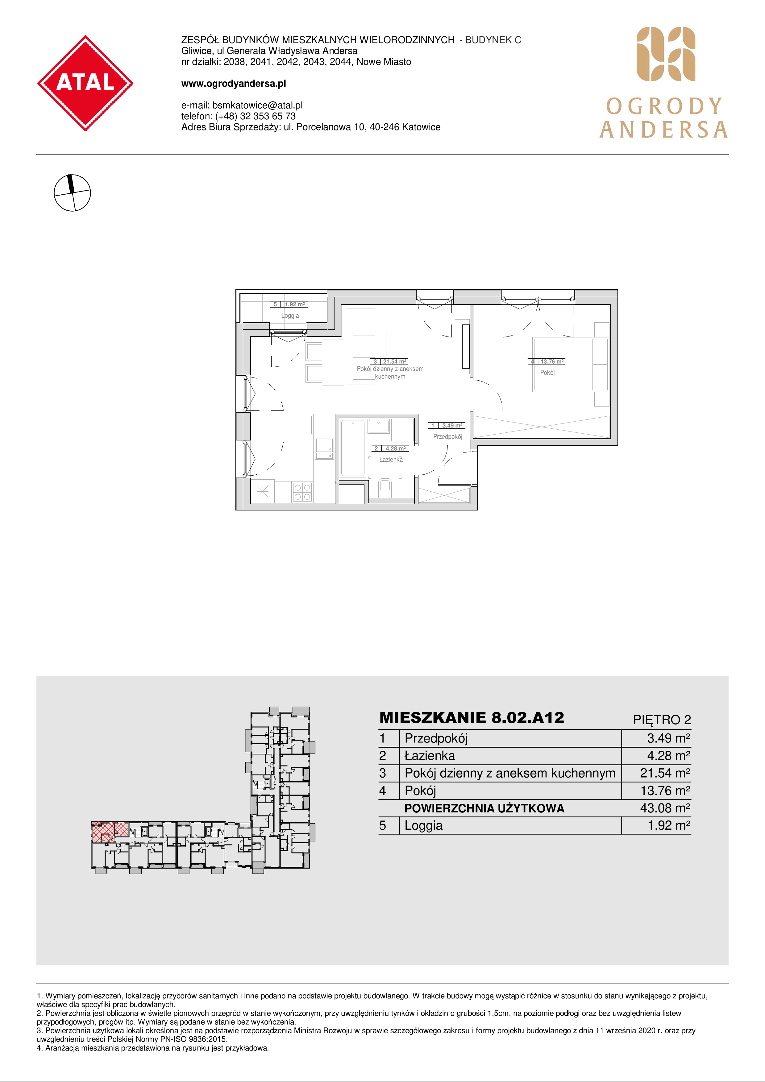 Mieszkanie 43,07 m², piętro 2, oferta nr 8.02.A12, Ogrody Andersa II, Gliwice, Wojska Polskiego, ul. Generała Władysława Andersa-idx