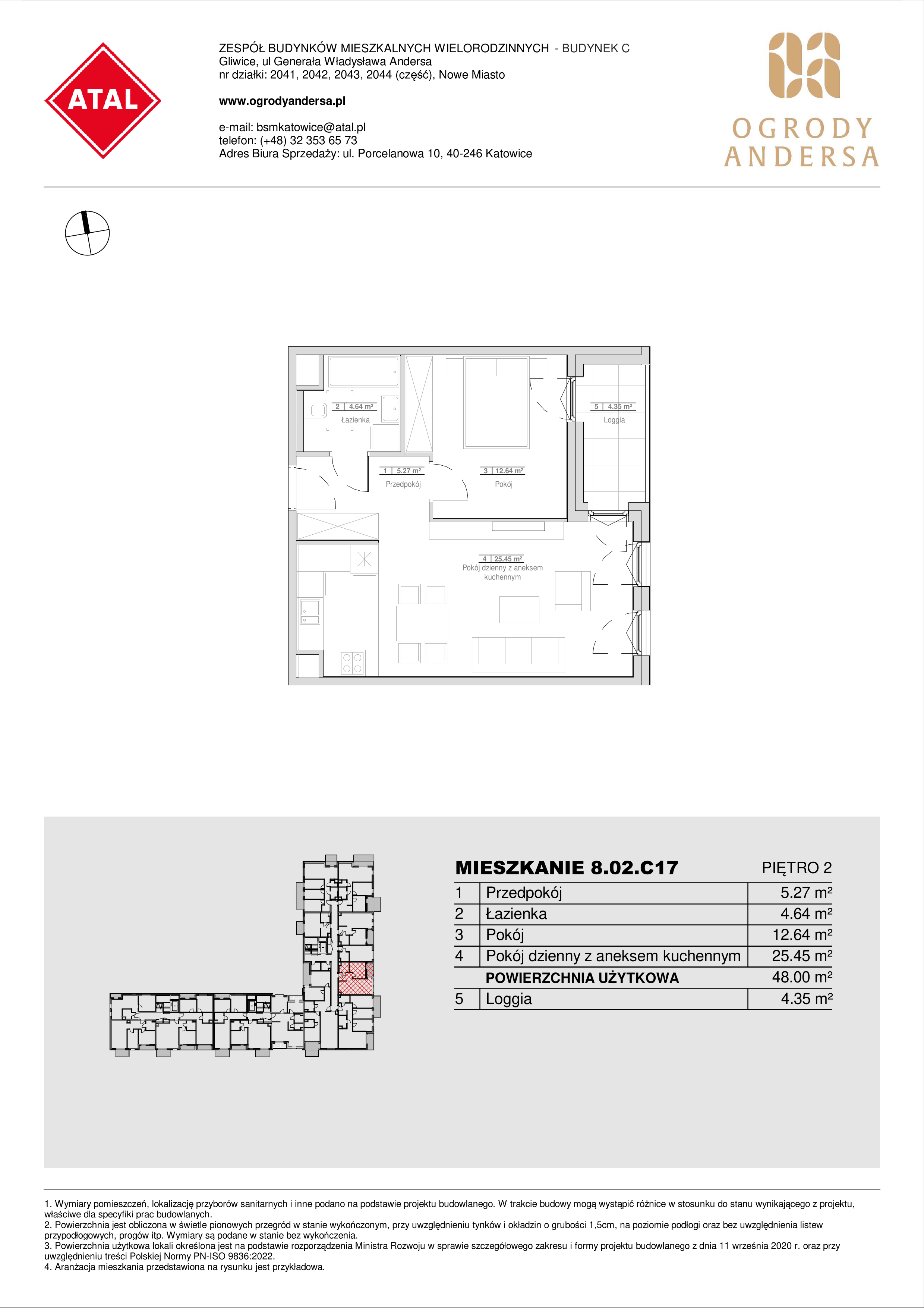 Mieszkanie 48,00 m², piętro 2, oferta nr 8.02.C17, Ogrody Andersa II, Gliwice, Wojska Polskiego, ul. Generała Władysława Andersa-idx