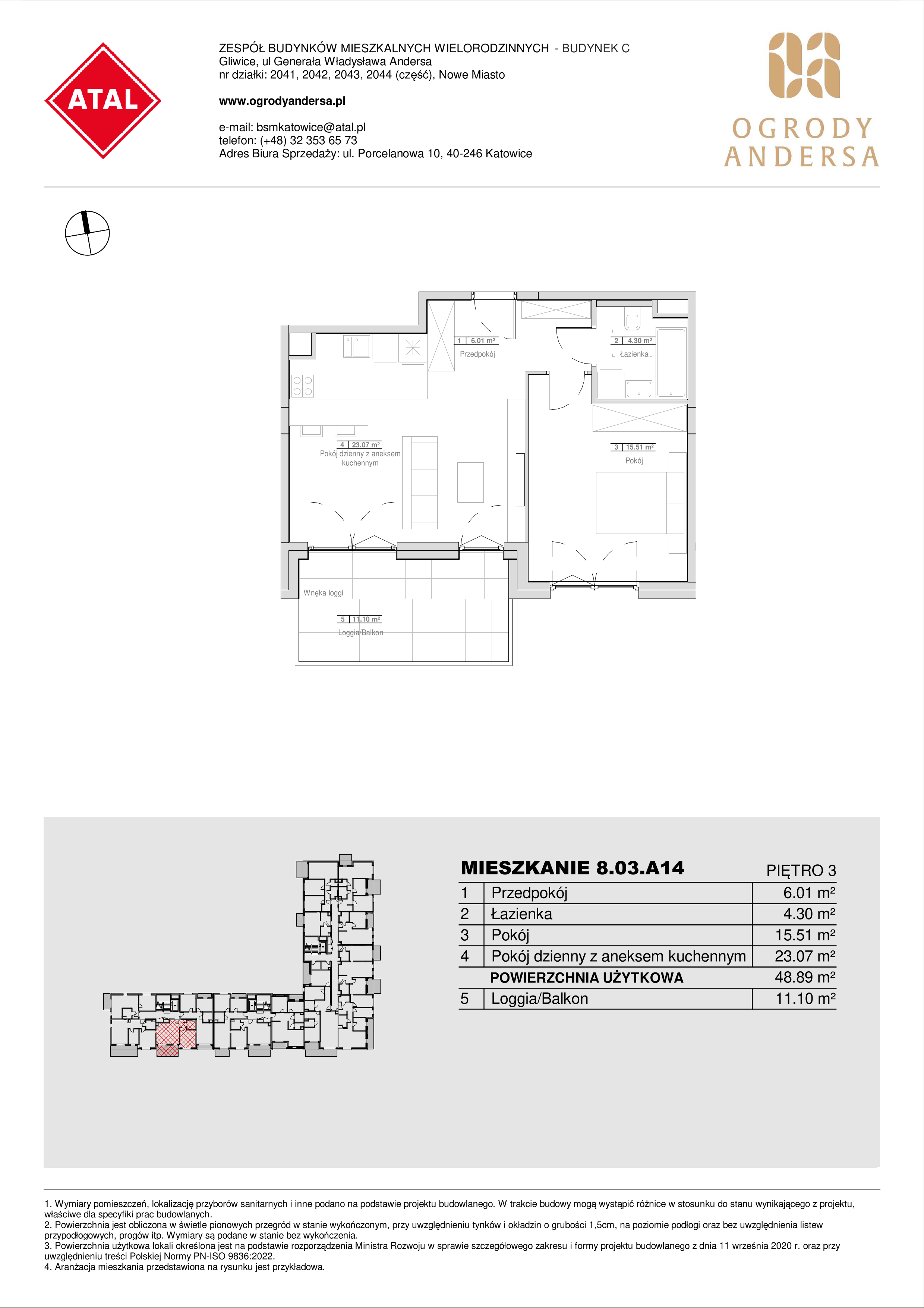 Mieszkanie 48,89 m², piętro 3, oferta nr 8.03.A14, Ogrody Andersa II, Gliwice, Wojska Polskiego, ul. Generała Władysława Andersa-idx