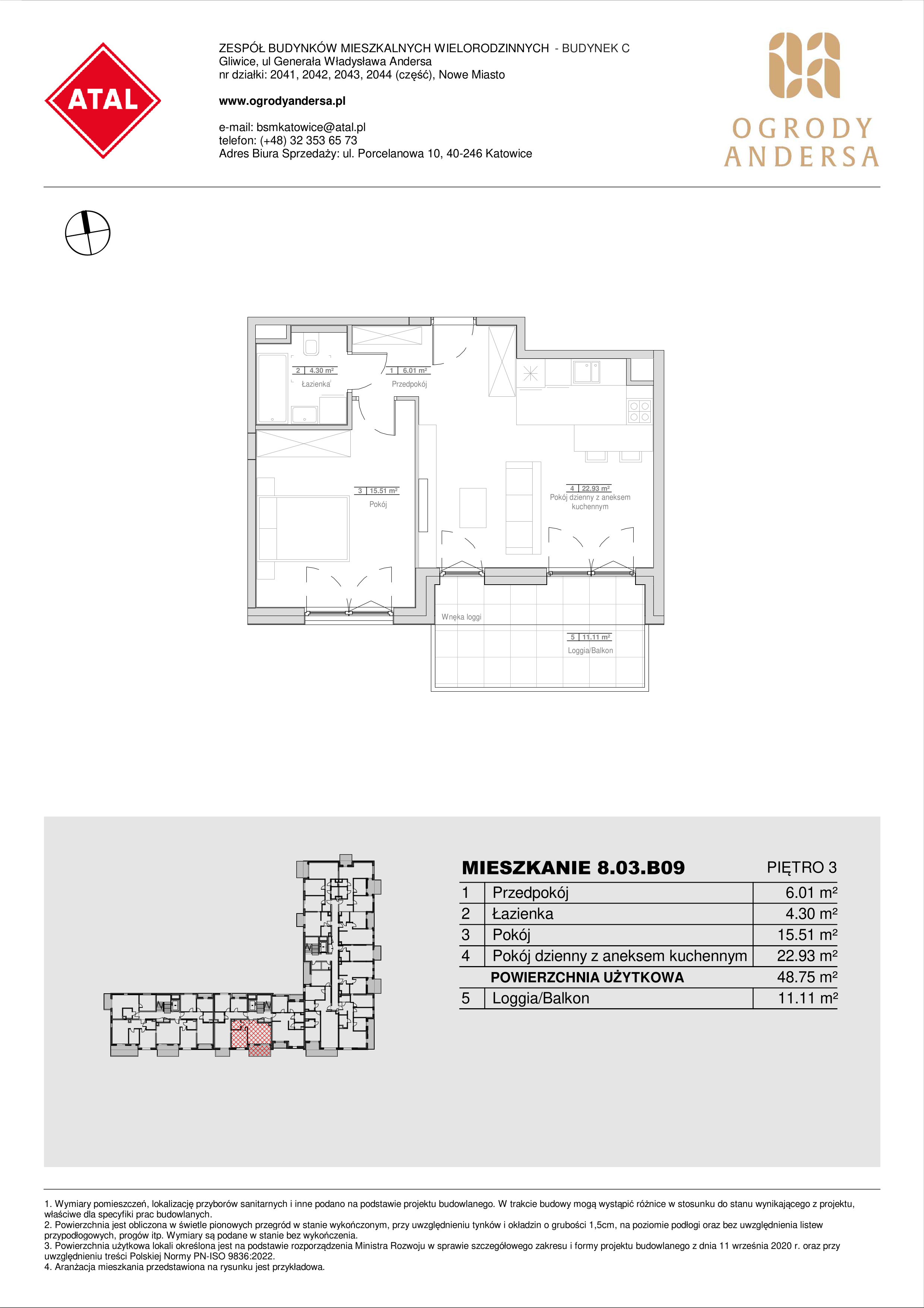 Mieszkanie 48,75 m², piętro 3, oferta nr 8.03.B09, Ogrody Andersa II, Gliwice, Wojska Polskiego, ul. Generała Władysława Andersa-idx