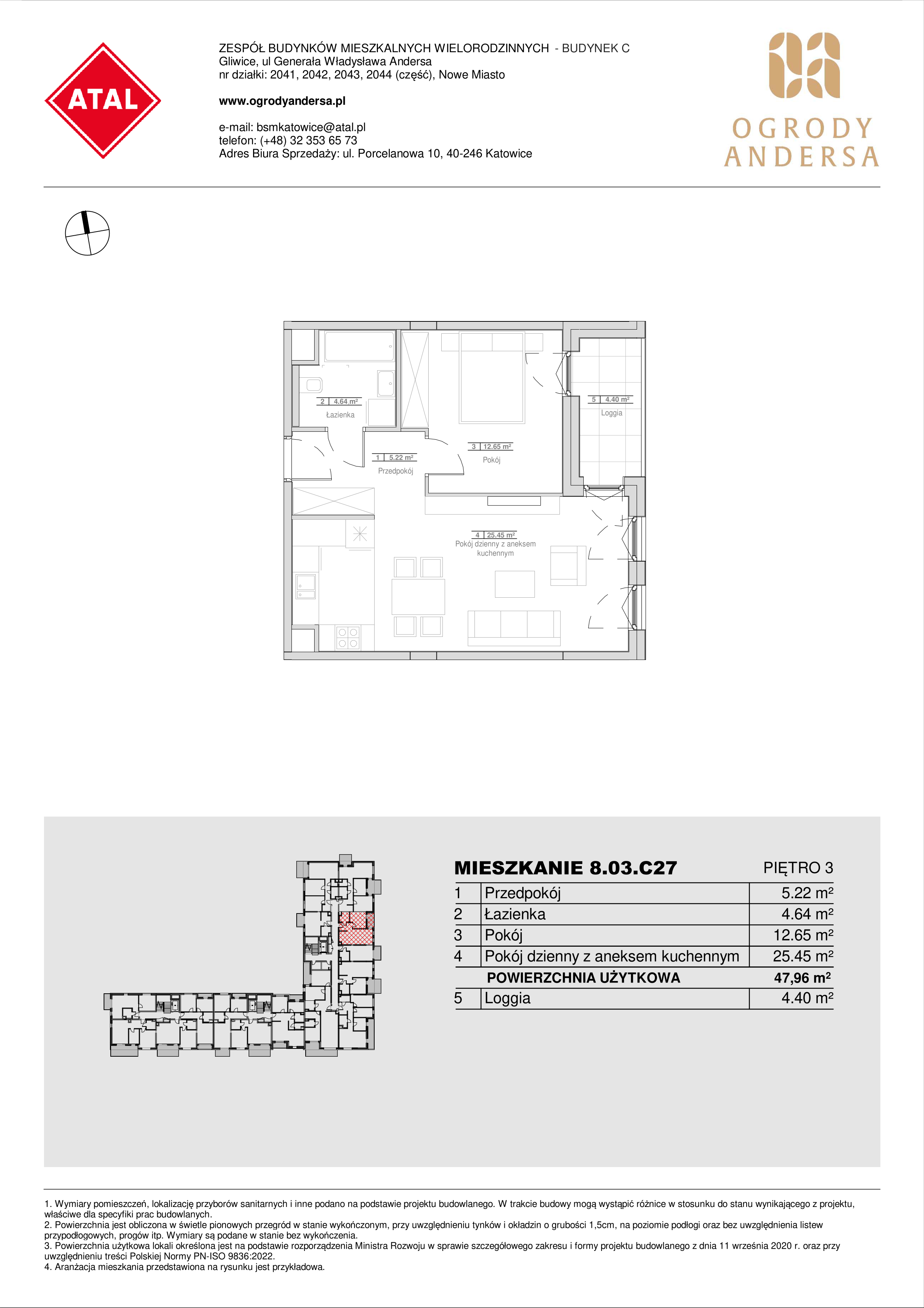 Mieszkanie 47,96 m², piętro 3, oferta nr 8.03.C27, Ogrody Andersa II, Gliwice, Wojska Polskiego, ul. Generała Władysława Andersa-idx