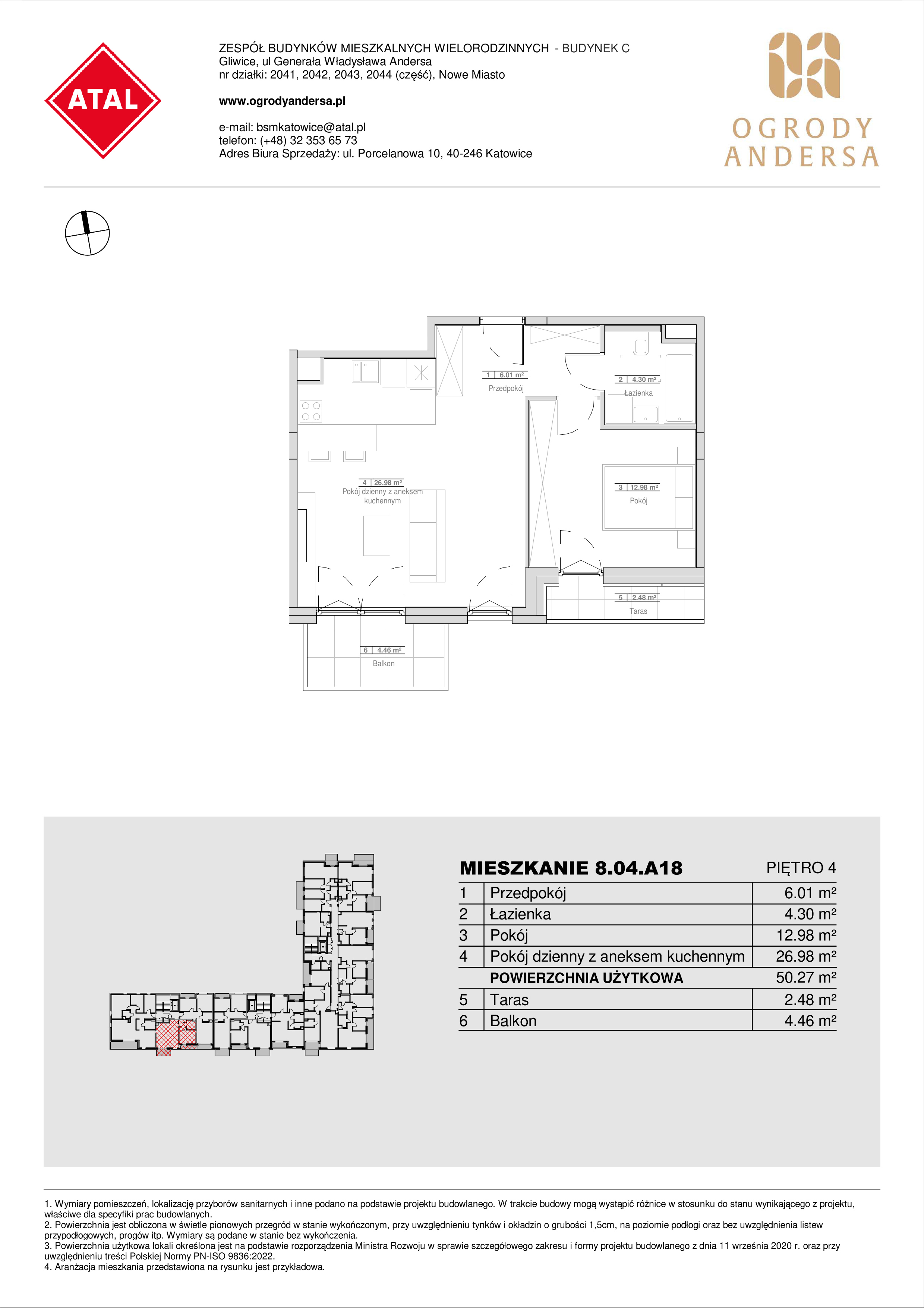 Mieszkanie 50,27 m², piętro 4, oferta nr 8.04.A18, Ogrody Andersa II, Gliwice, Wojska Polskiego, ul. Generała Władysława Andersa-idx