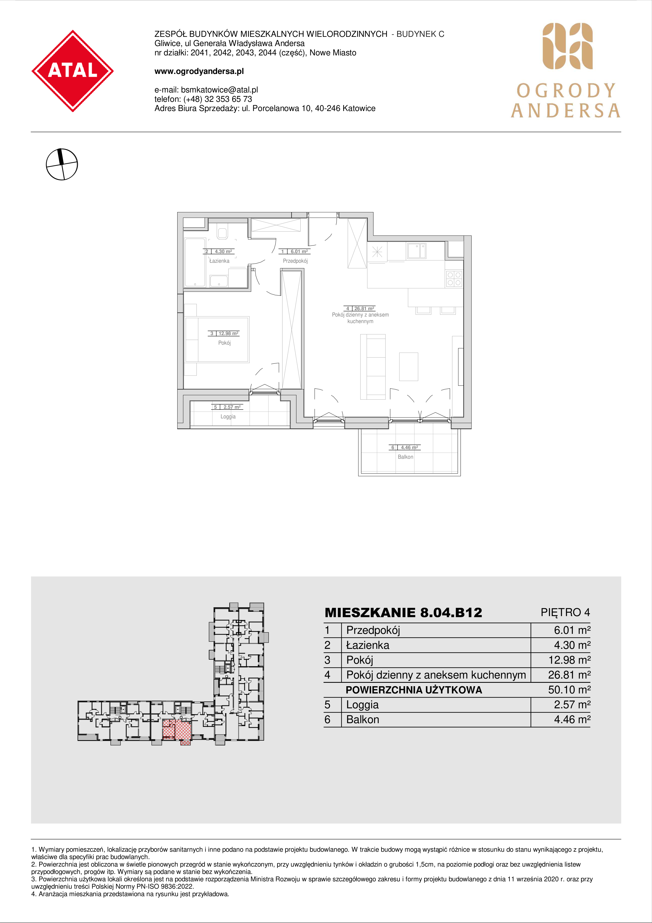 Mieszkanie 50,10 m², piętro 4, oferta nr 8.04.B12, Ogrody Andersa II, Gliwice, Wojska Polskiego, ul. Generała Władysława Andersa-idx