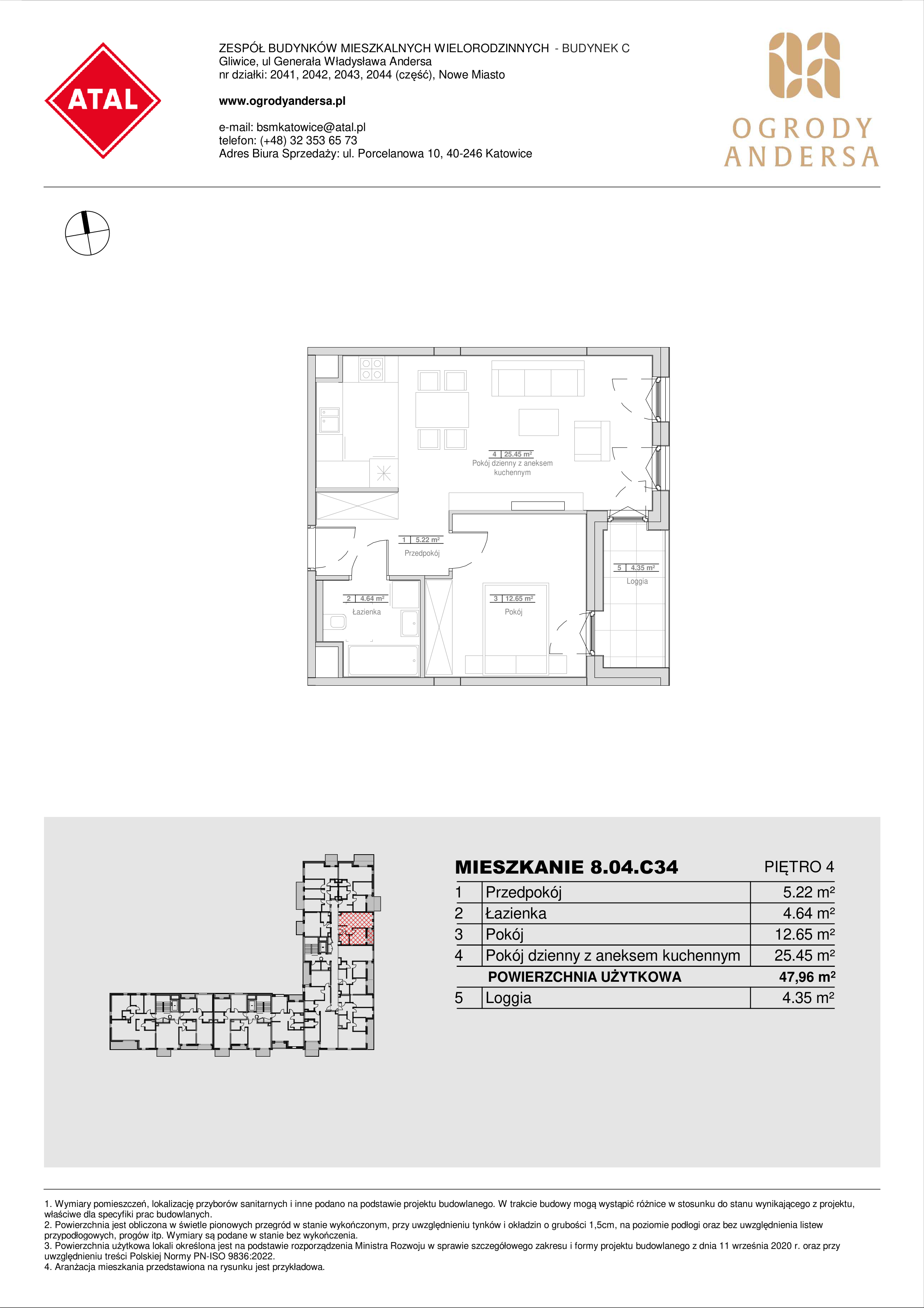 Mieszkanie 47,96 m², piętro 4, oferta nr 8.04.C34, Ogrody Andersa II, Gliwice, Wojska Polskiego, ul. Generała Władysława Andersa-idx