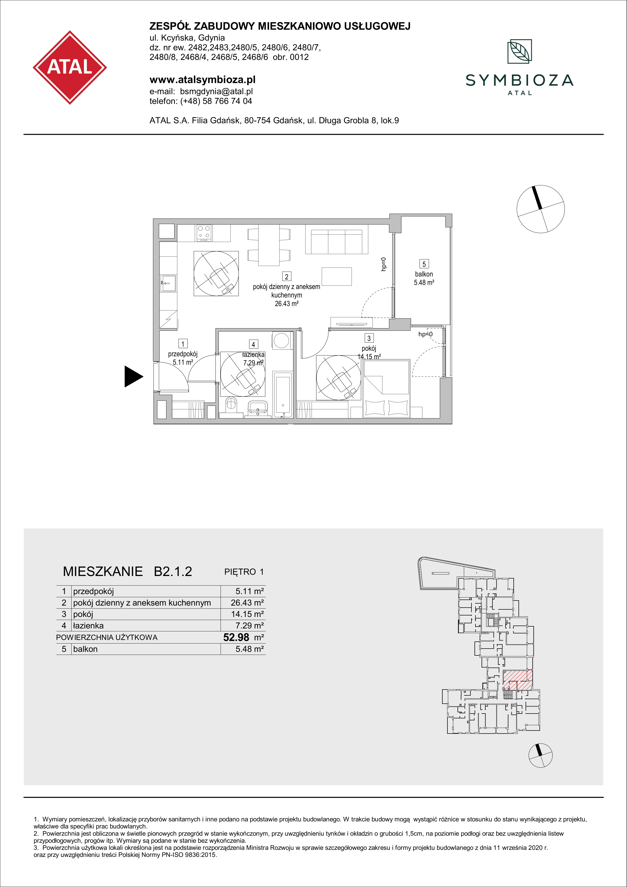 Mieszkanie 52,98 m², piętro 1, oferta nr B2.1.2, ATAL Symbioza, Gdynia, Cisowa, ul. Kcyńska-idx