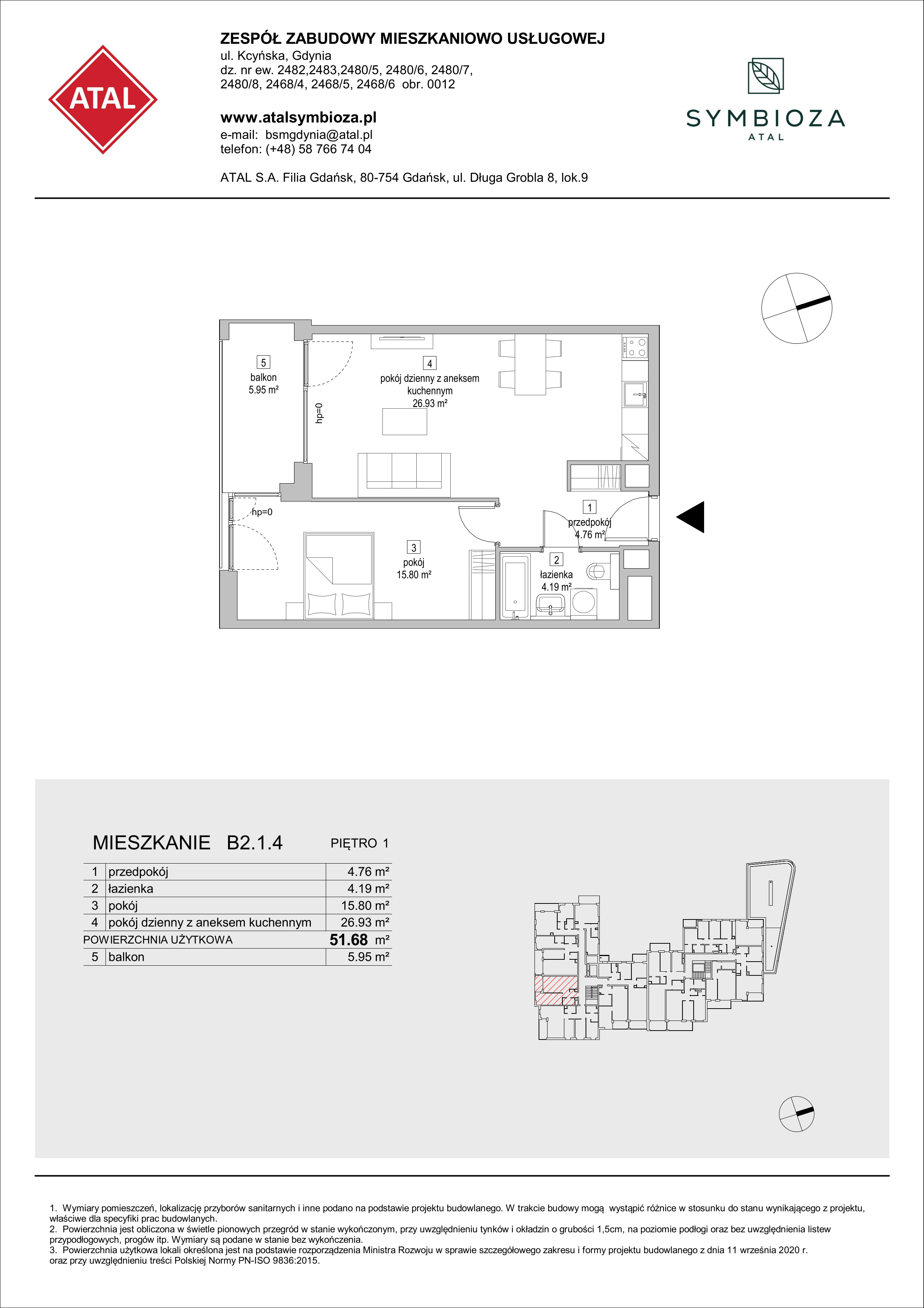 Mieszkanie 51,68 m², piętro 1, oferta nr B2.1.4, ATAL Symbioza, Gdynia, Cisowa, ul. Kcyńska-idx