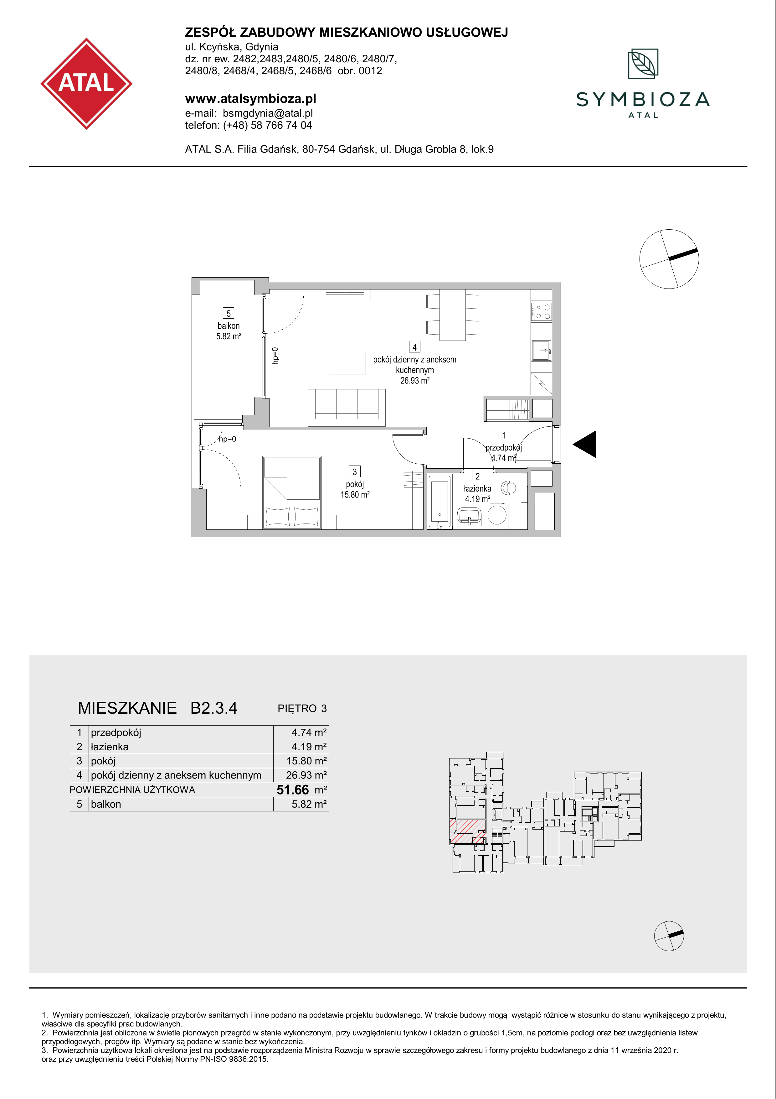 Mieszkanie 51,66 m², piętro 3, oferta nr B2.3.4, ATAL Symbioza, Gdynia, Cisowa, ul. Kcyńska-idx