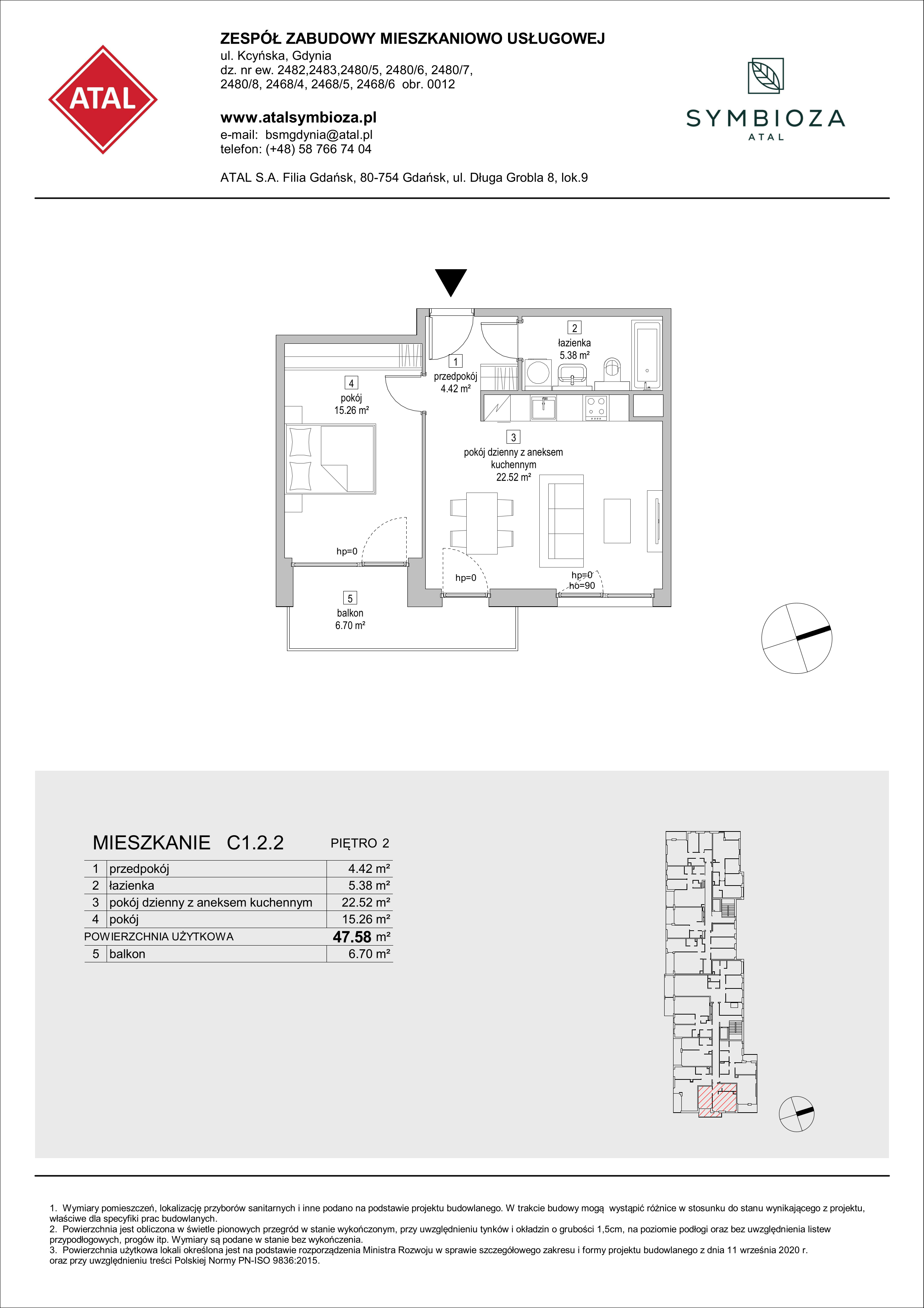 Mieszkanie 47,58 m², piętro 2, oferta nr C1.2.2, ATAL Symbioza, Gdynia, Cisowa, ul. Kcyńska-idx