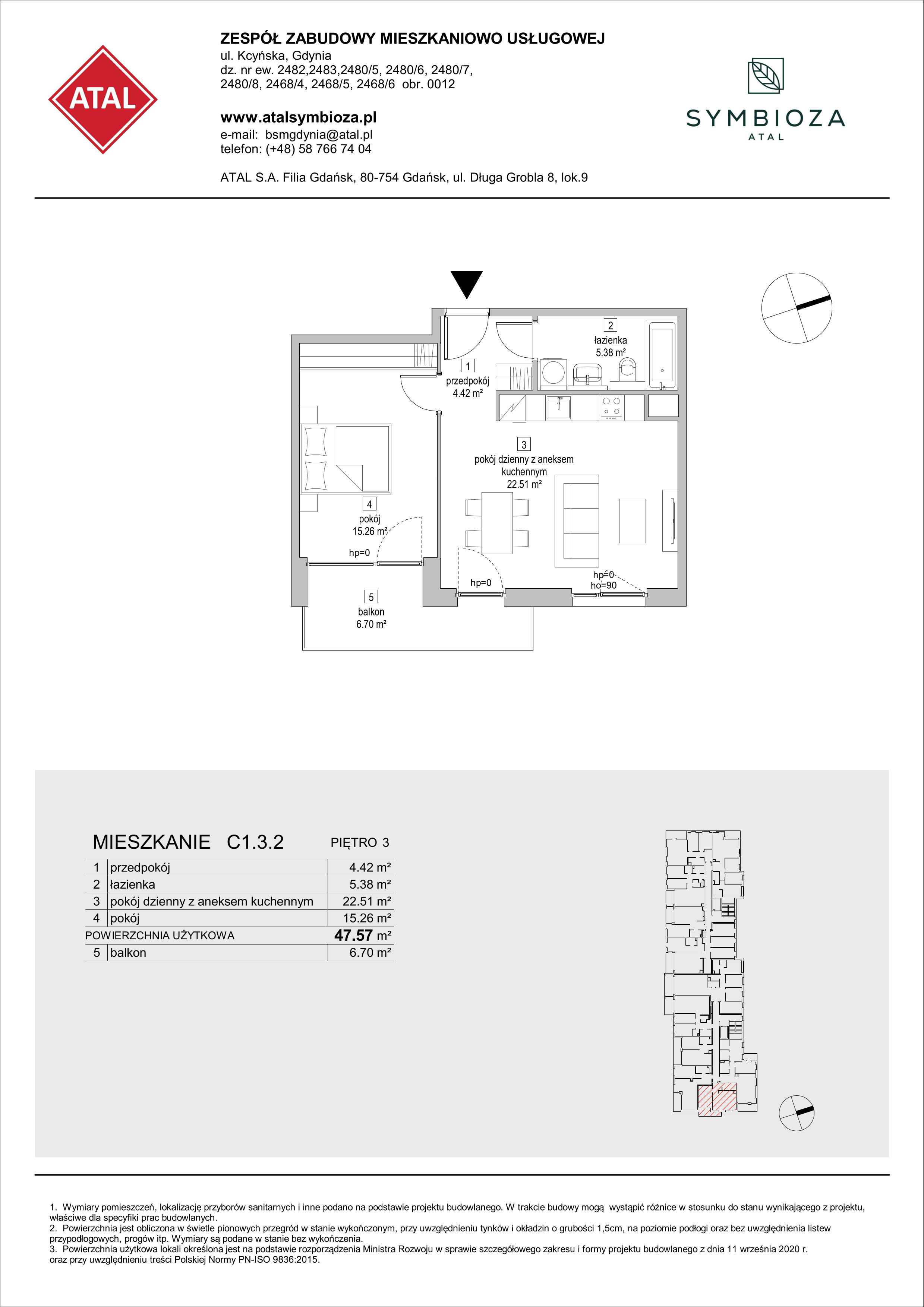 Mieszkanie 47,57 m², piętro 3, oferta nr C1.3.2, ATAL Symbioza, Gdynia, Cisowa, ul. Kcyńska-idx